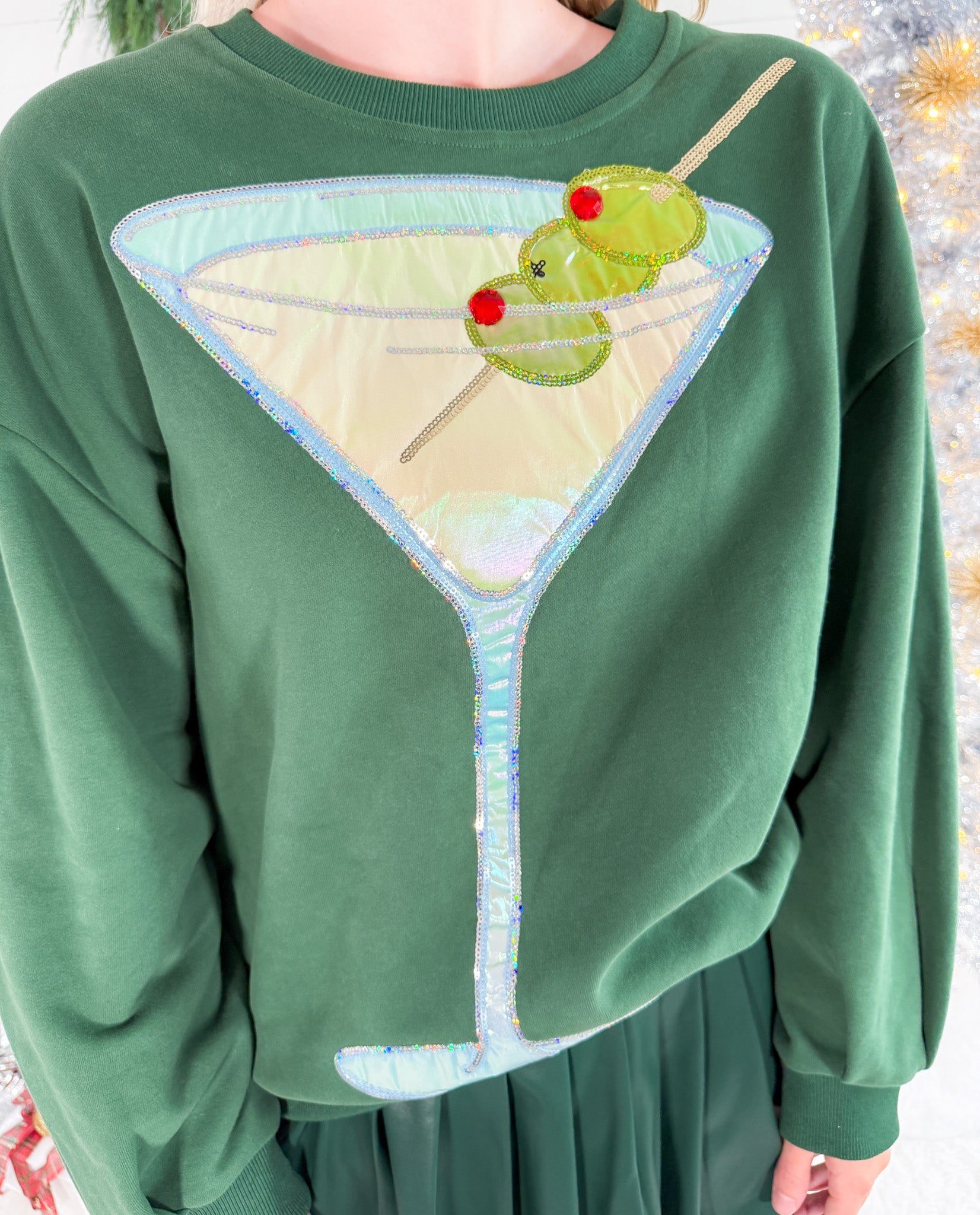 Queen of Sparkles Olive Metallic Martini Sweatshirt