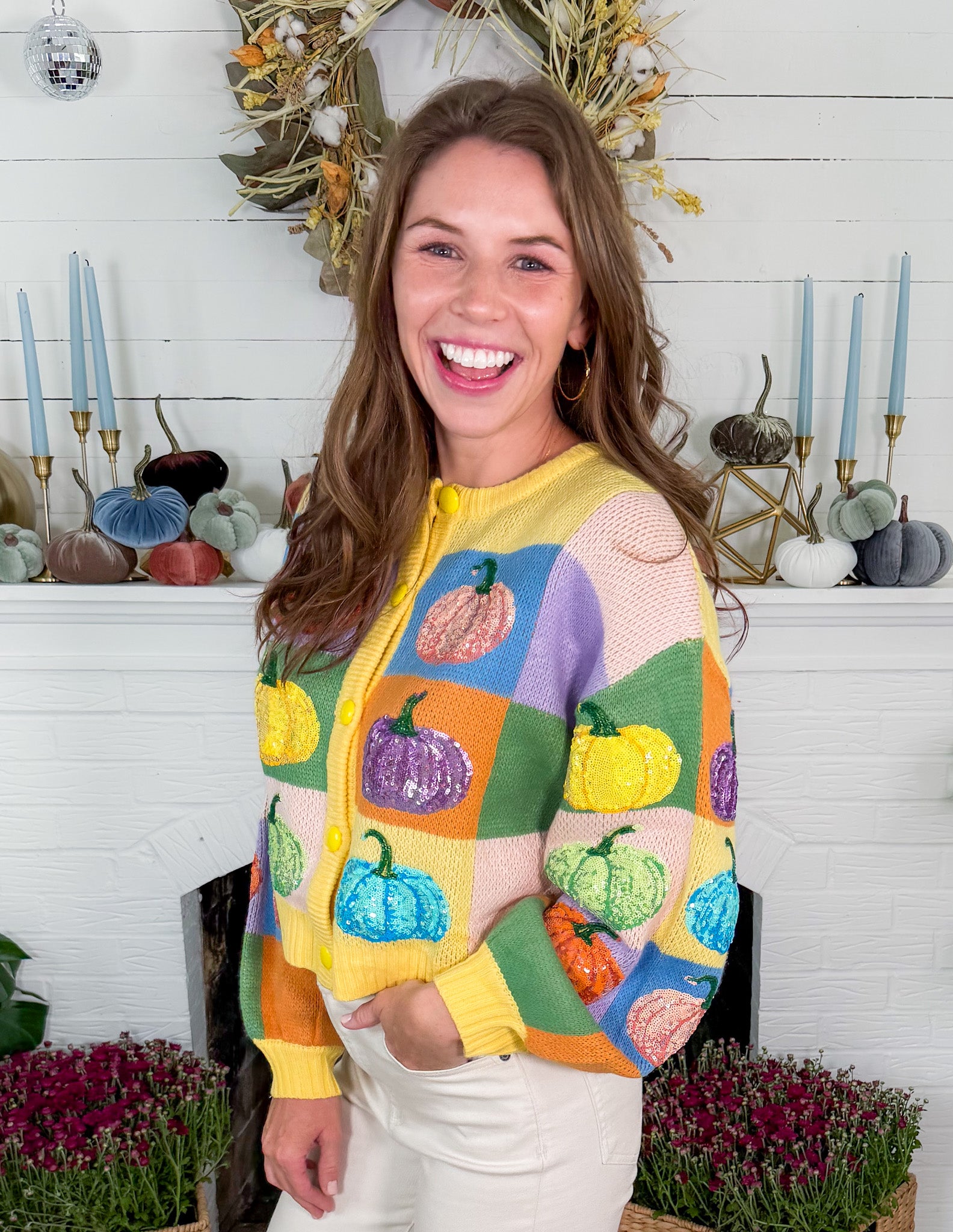 Queen of Sparkles Pastel Colorblock Pumpkin Cardigan
