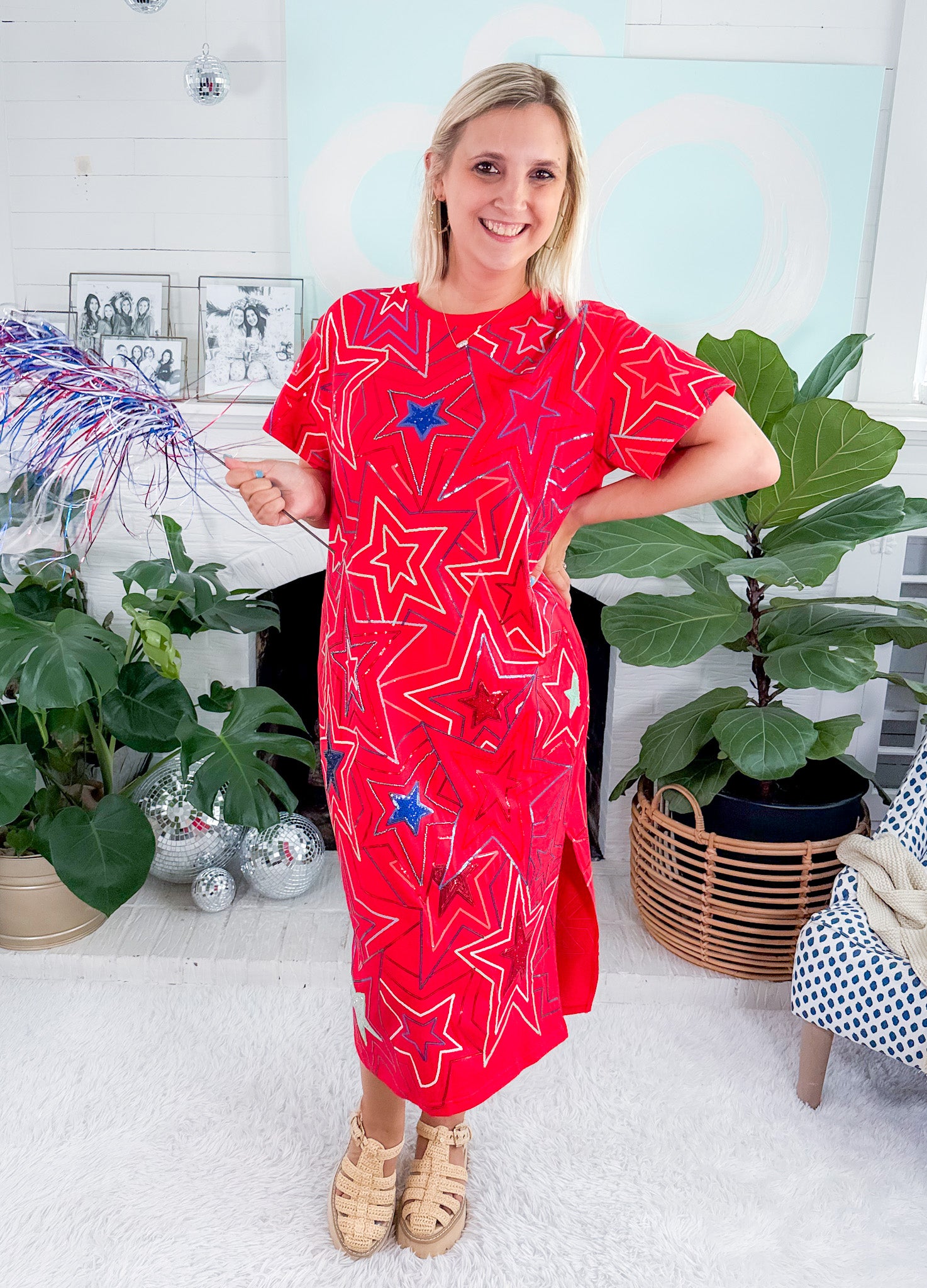 Queen of Sparkles Red Groovy Star Midi Tee Dress