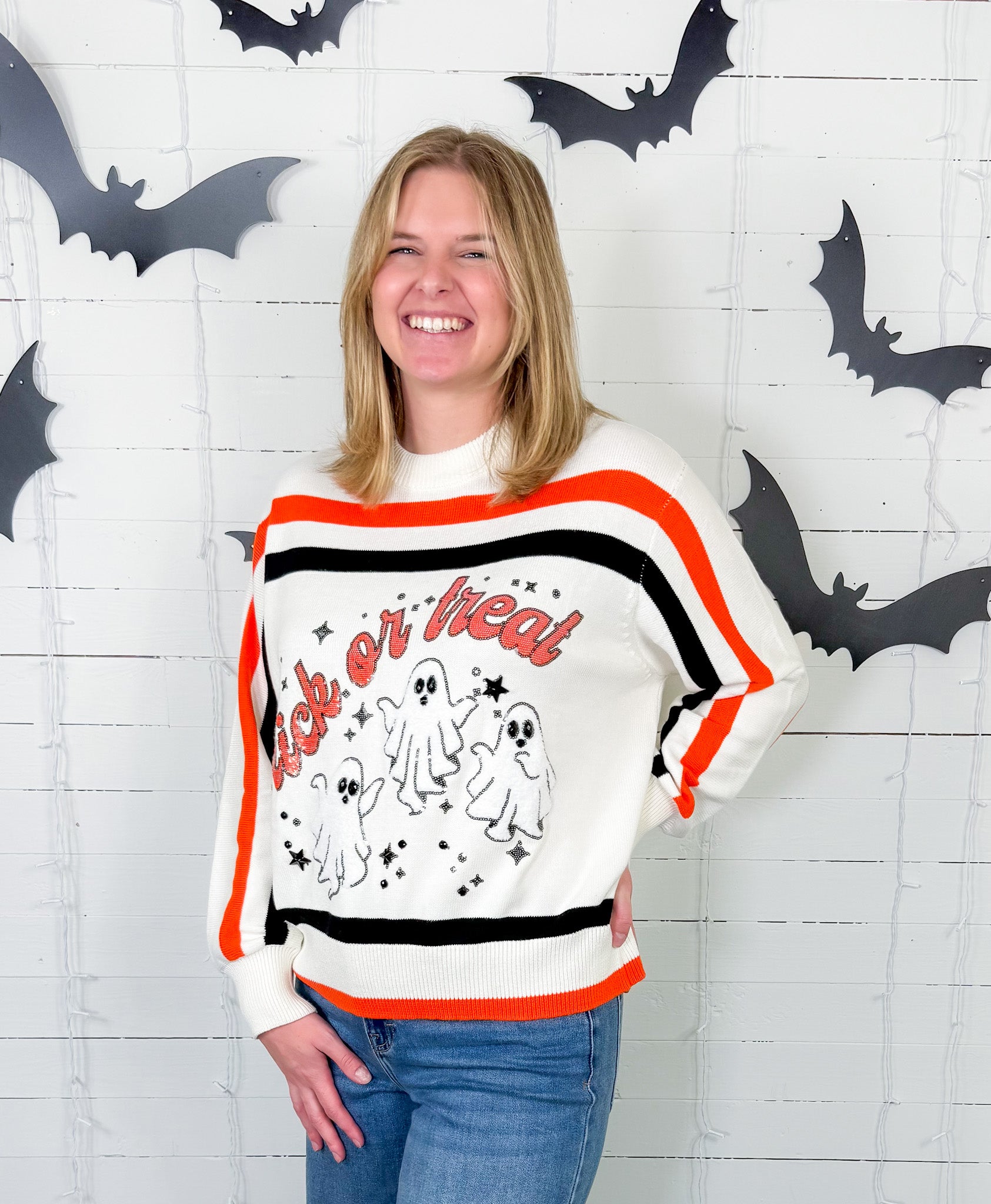 Queen of Sparkles Striped Trick or Treat Sweater 