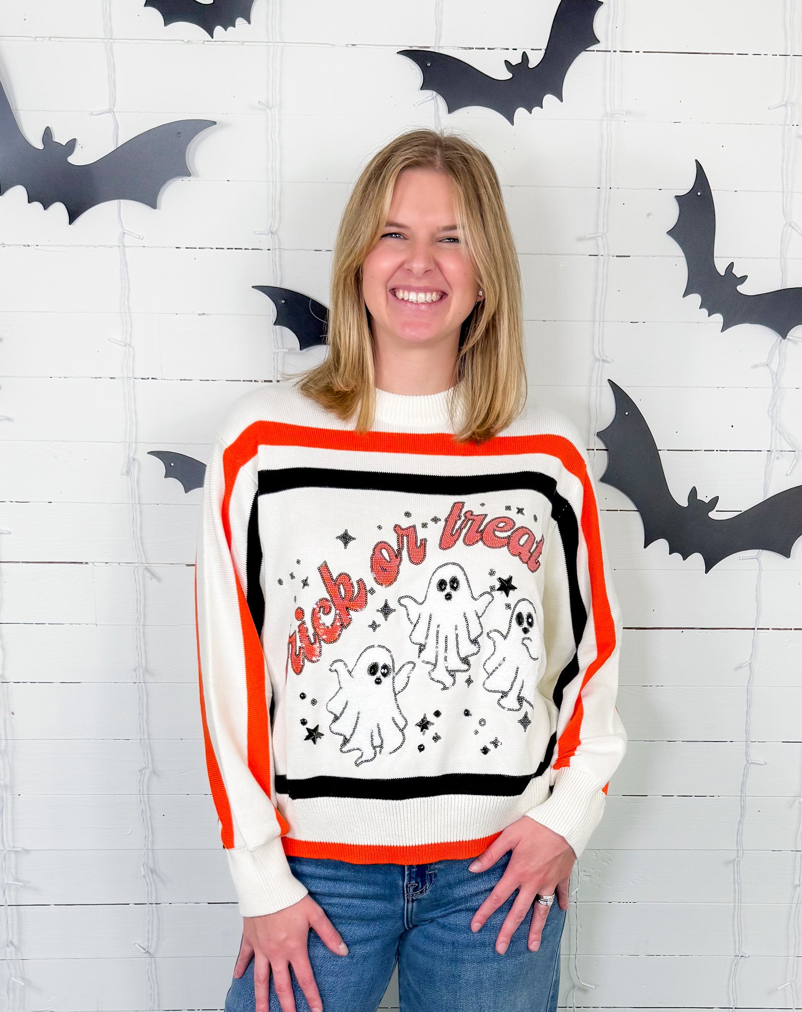 Queen of Sparkles Striped Trick or Treat Sweater 