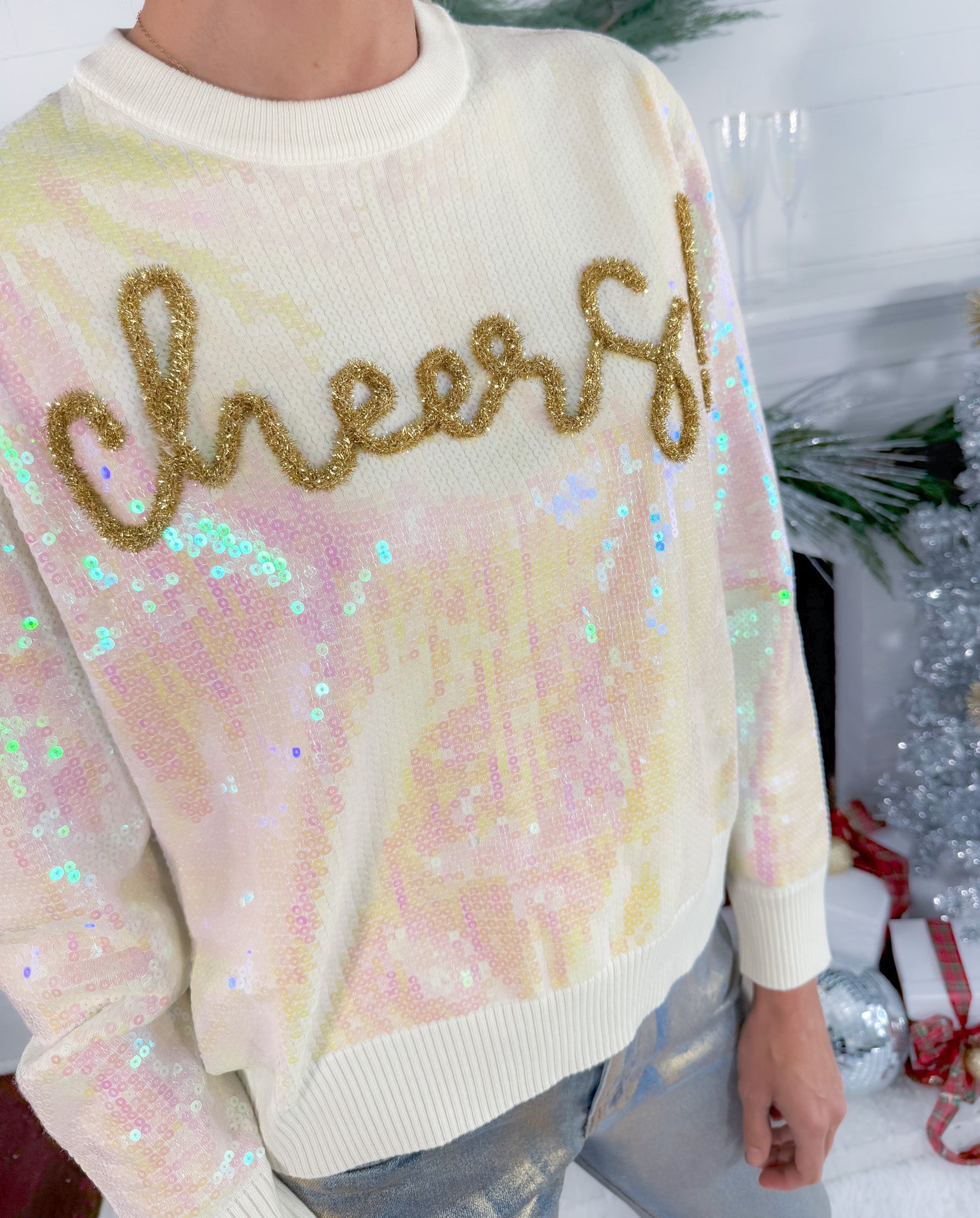 Queen of Sparkles White Full Sequin Cheers Sweater