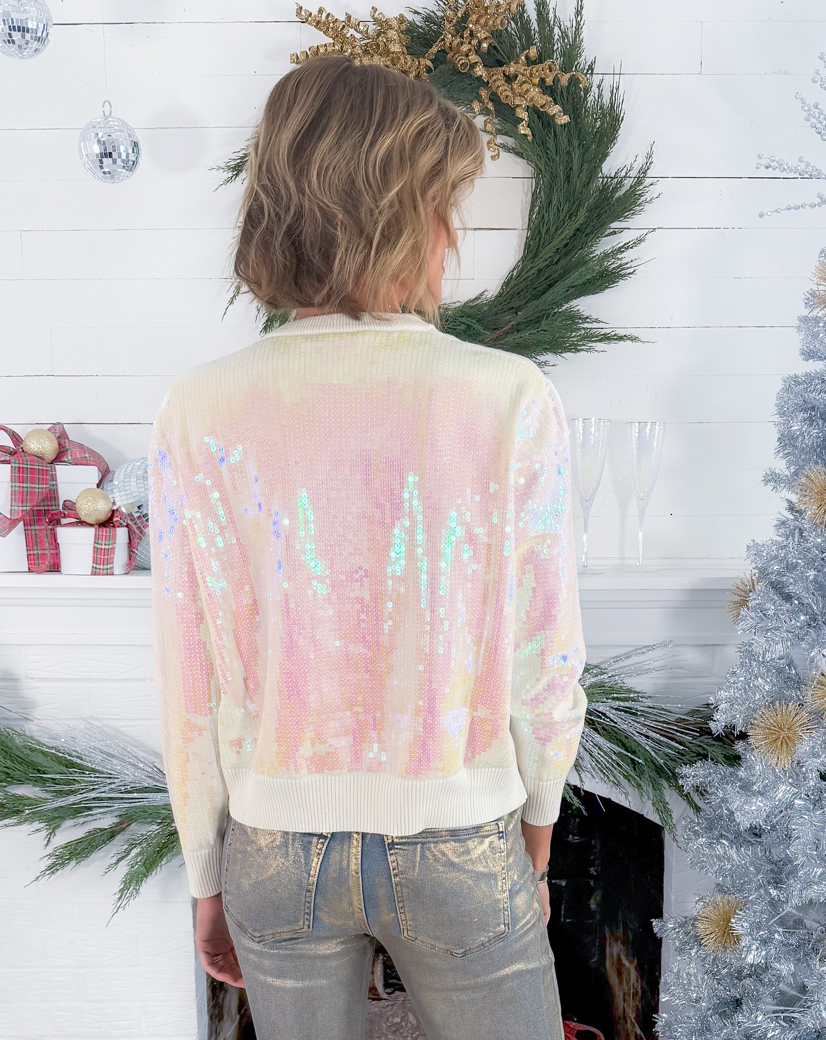 Queen of Sparkles White Full Sequin Cheers Sweater