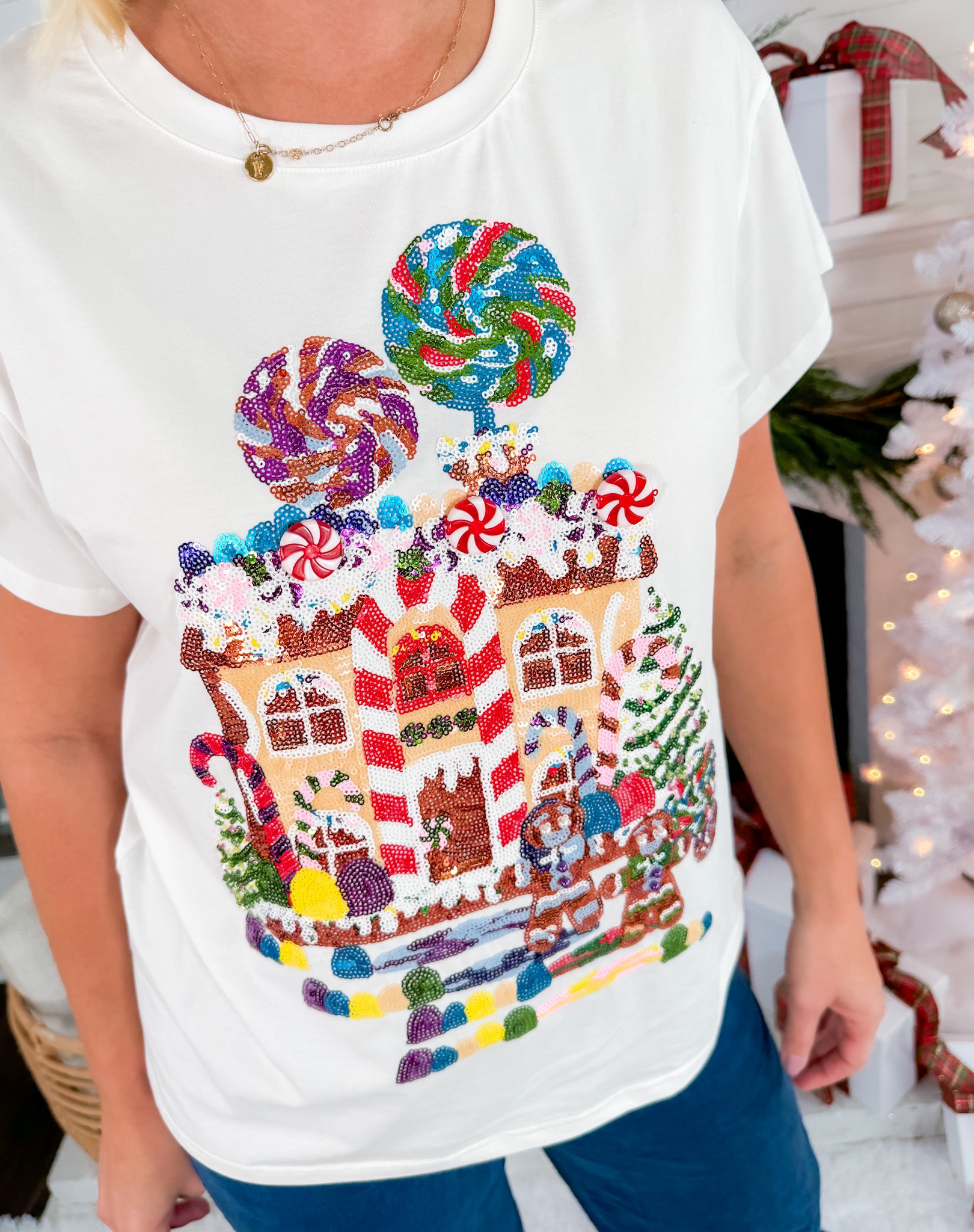 Queen of Sparkles White Gingerbread House Tee Shirt