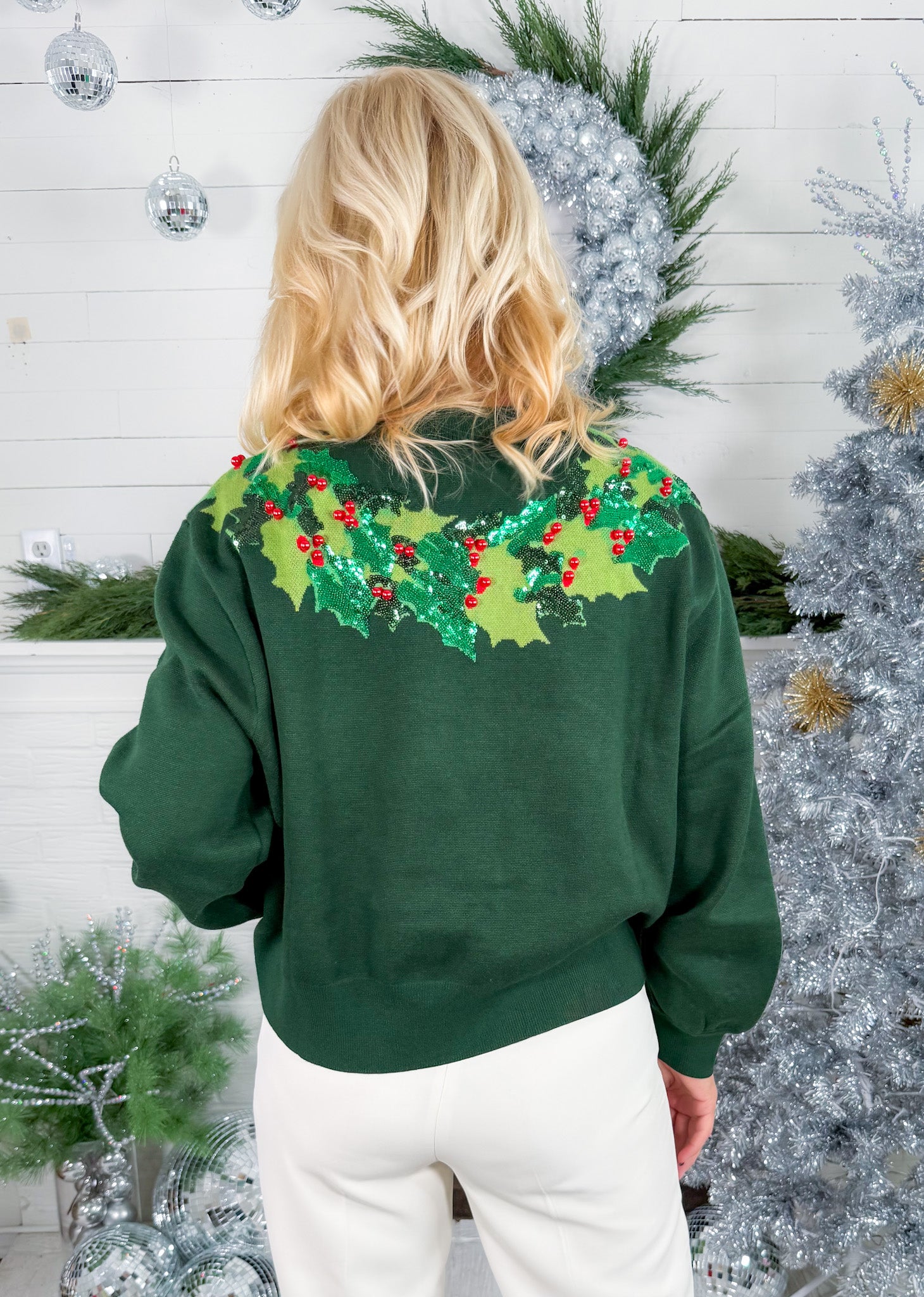 Queen of Sparkles Wreath Around Neck Green Sweater