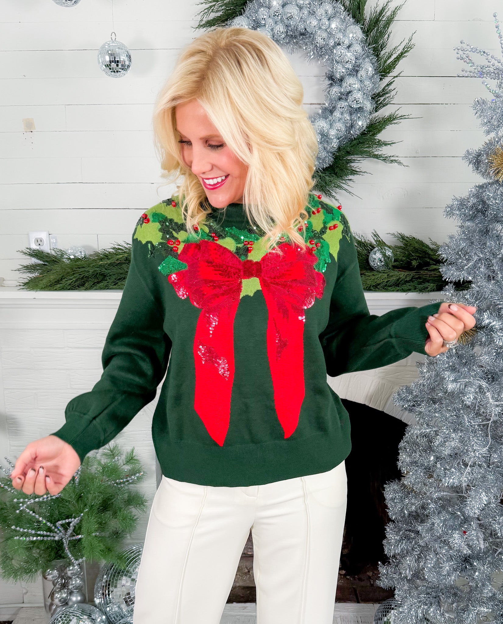 Queen of Sparkles Wreath Around Neck Green Sweater