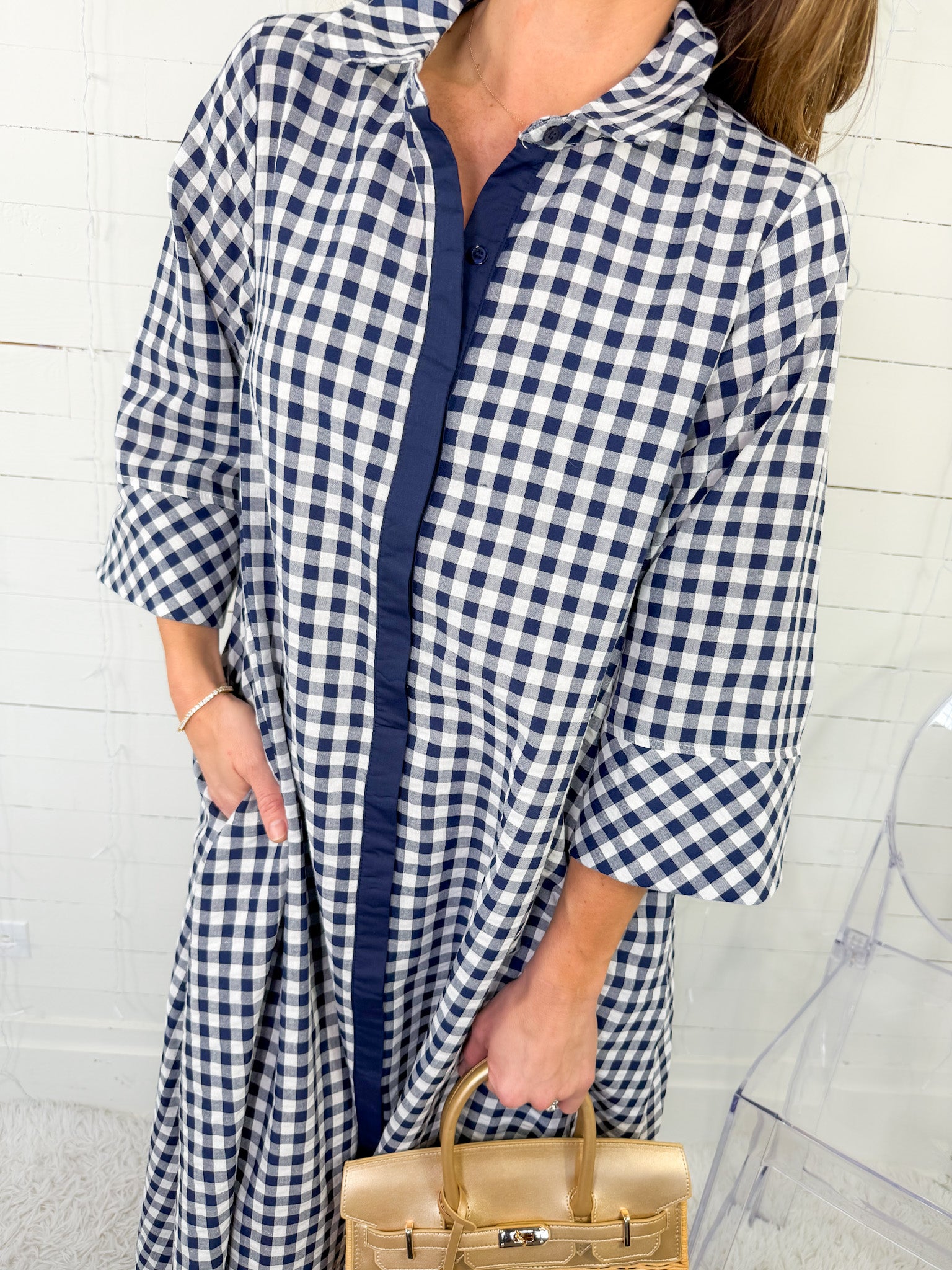 Quinn Navy Gingham A-Line Maxi Dress Entro