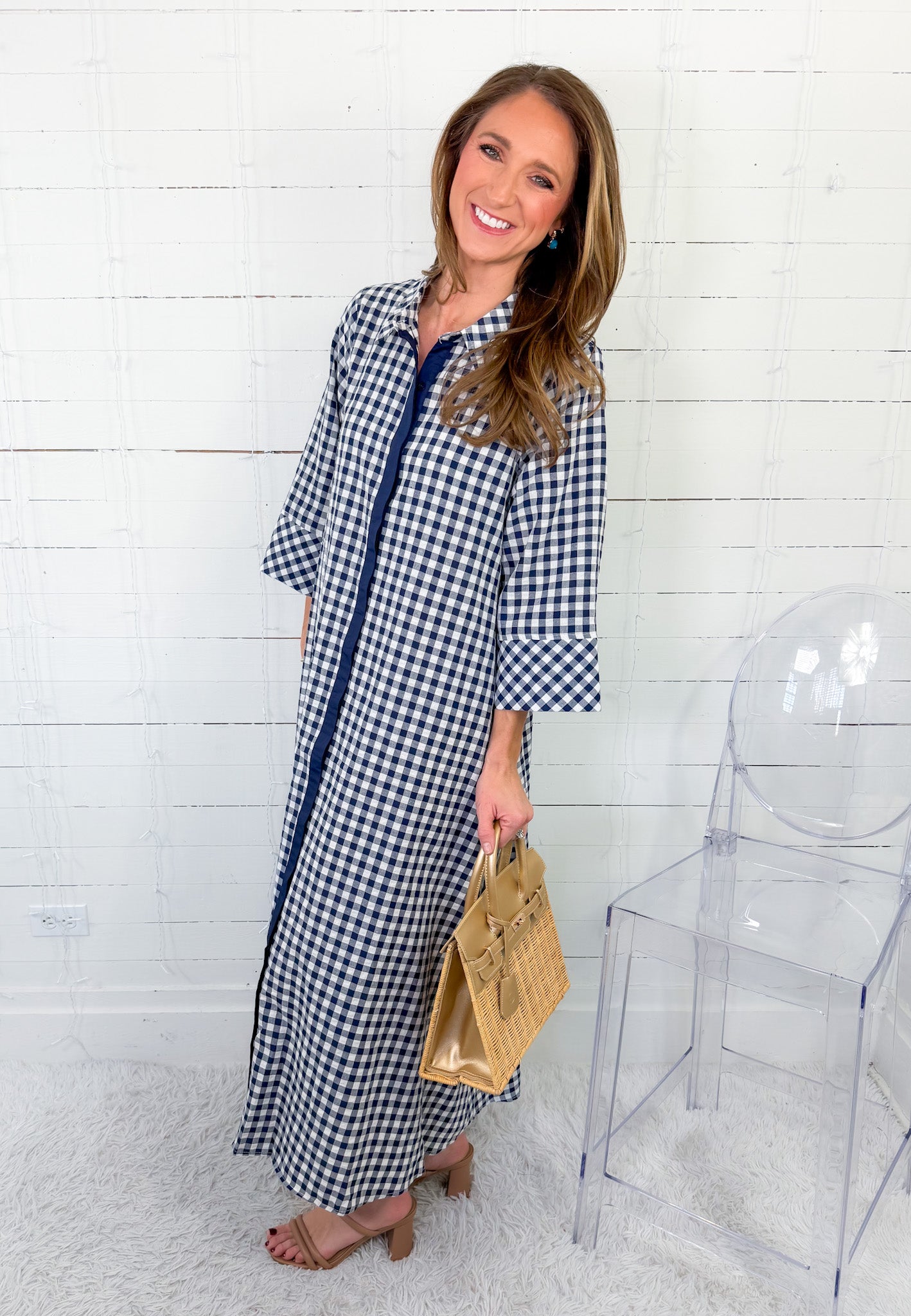 Quinn Navy Gingham A-Line Maxi Dress Entro