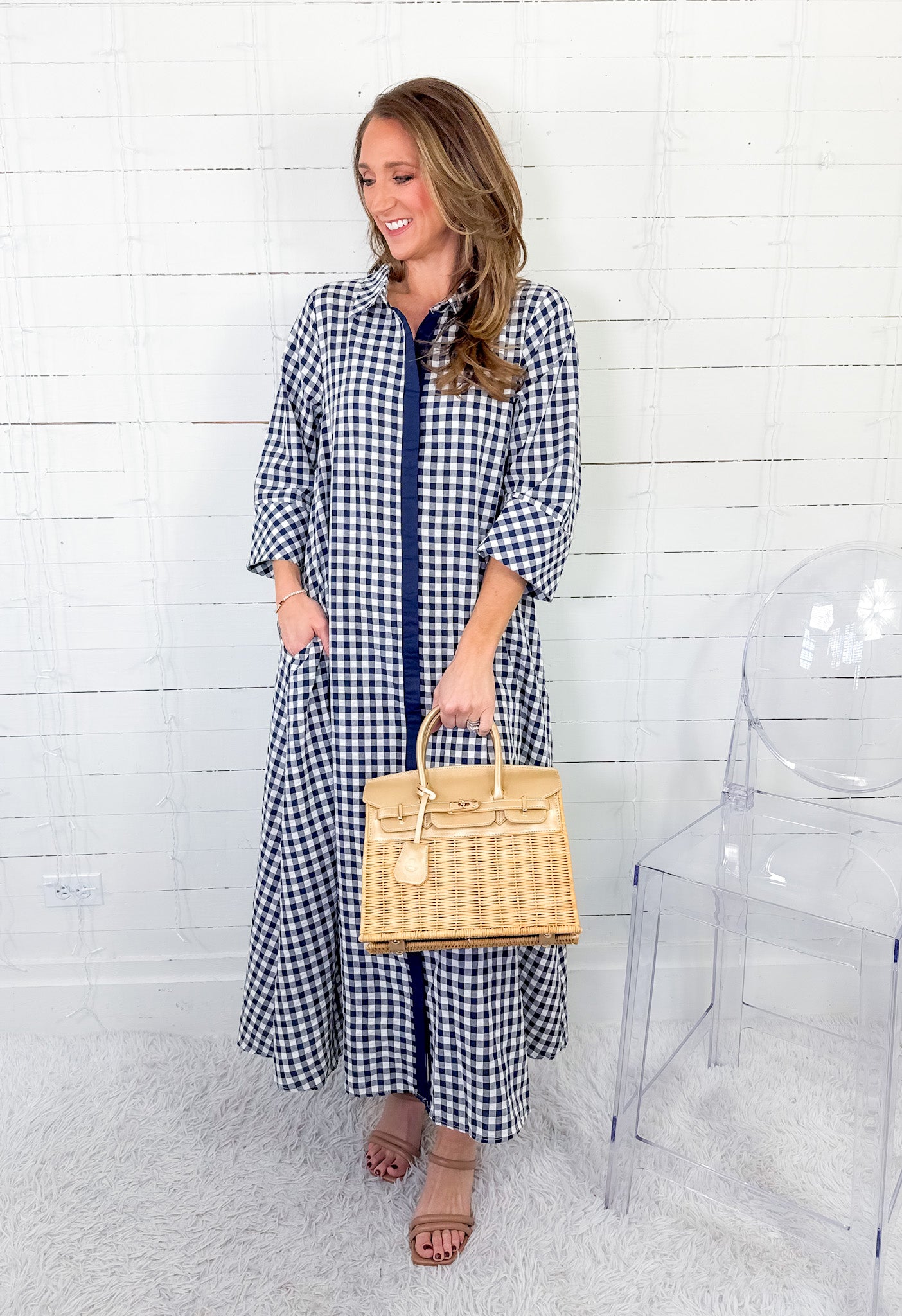 Quinn Navy Gingham A-Line Maxi Dress Entro