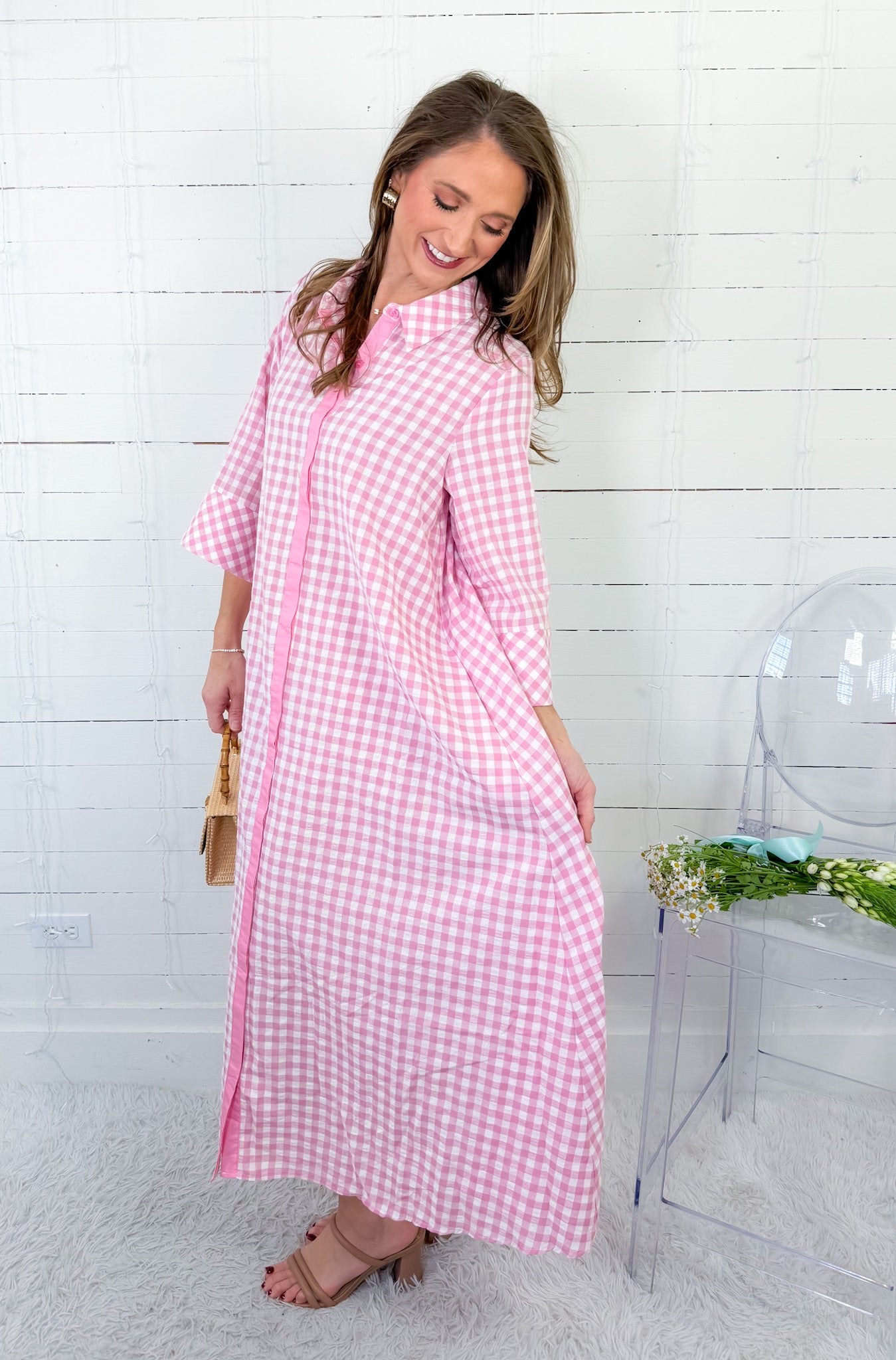Quinn Rose Pink Gingham A-Line Maxi Dress Entro