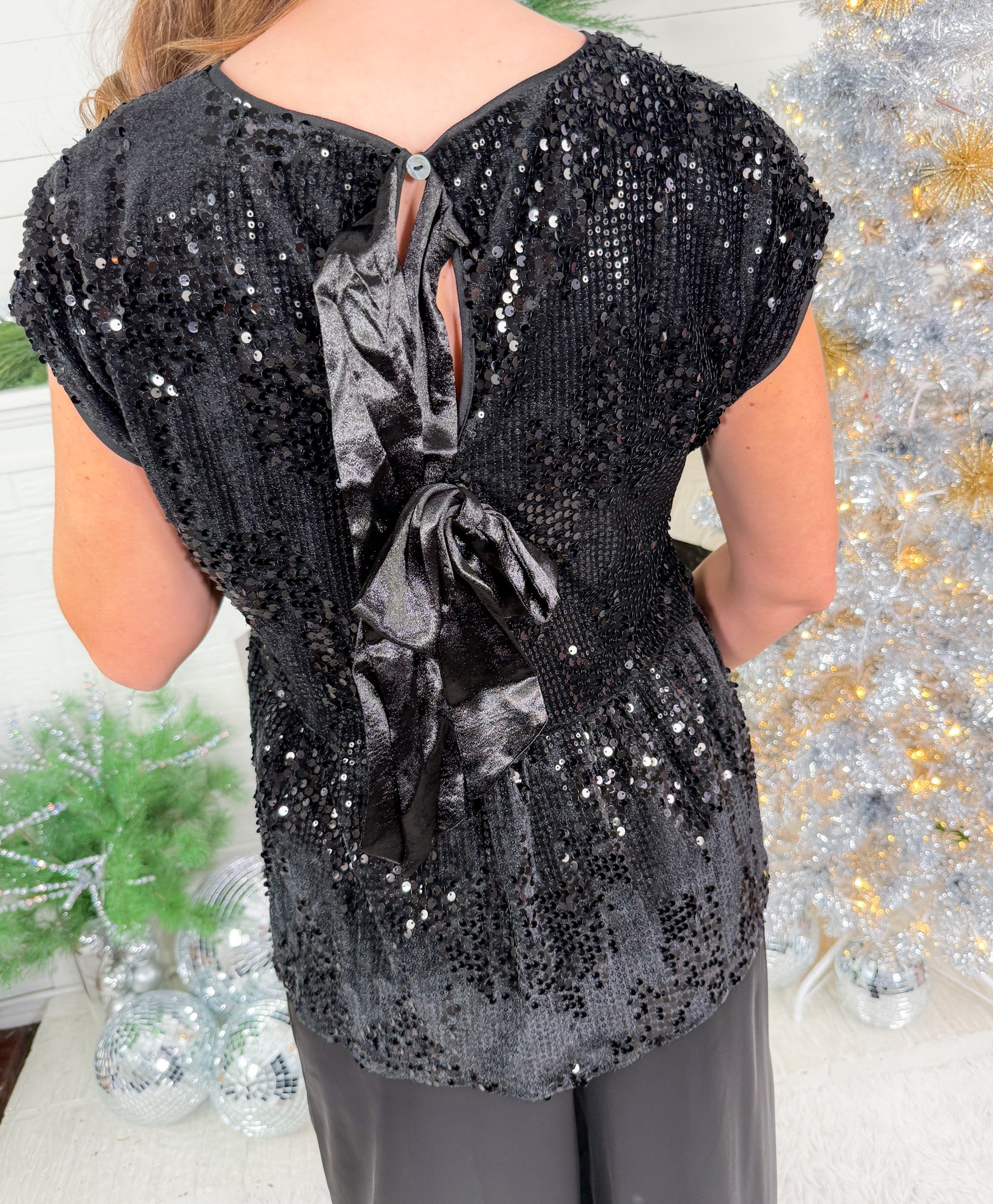 Ramona Black Sequin Bow Back Top