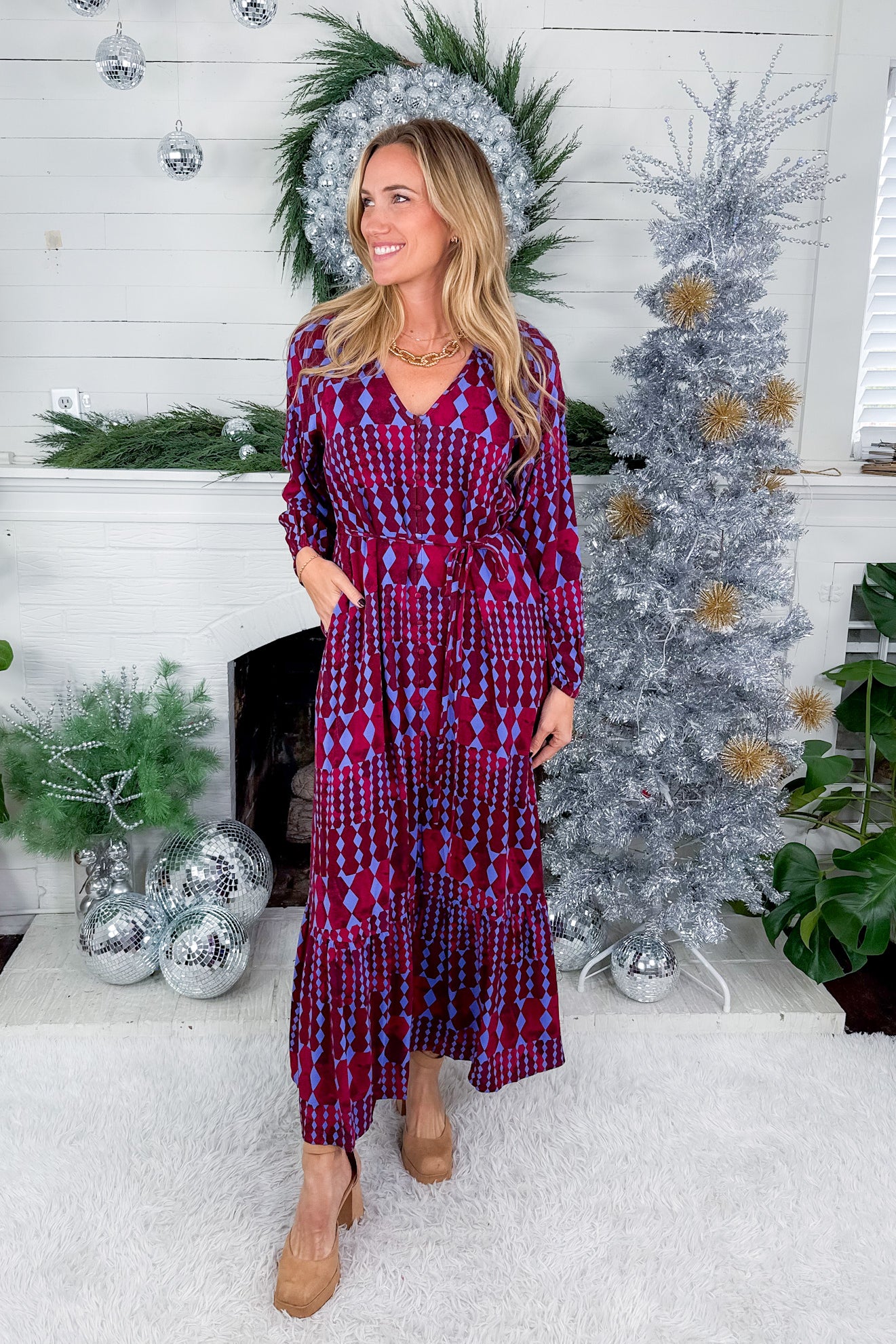 Ramsay Burgundy + Blue Abstract Maxi Dress Sugarlips