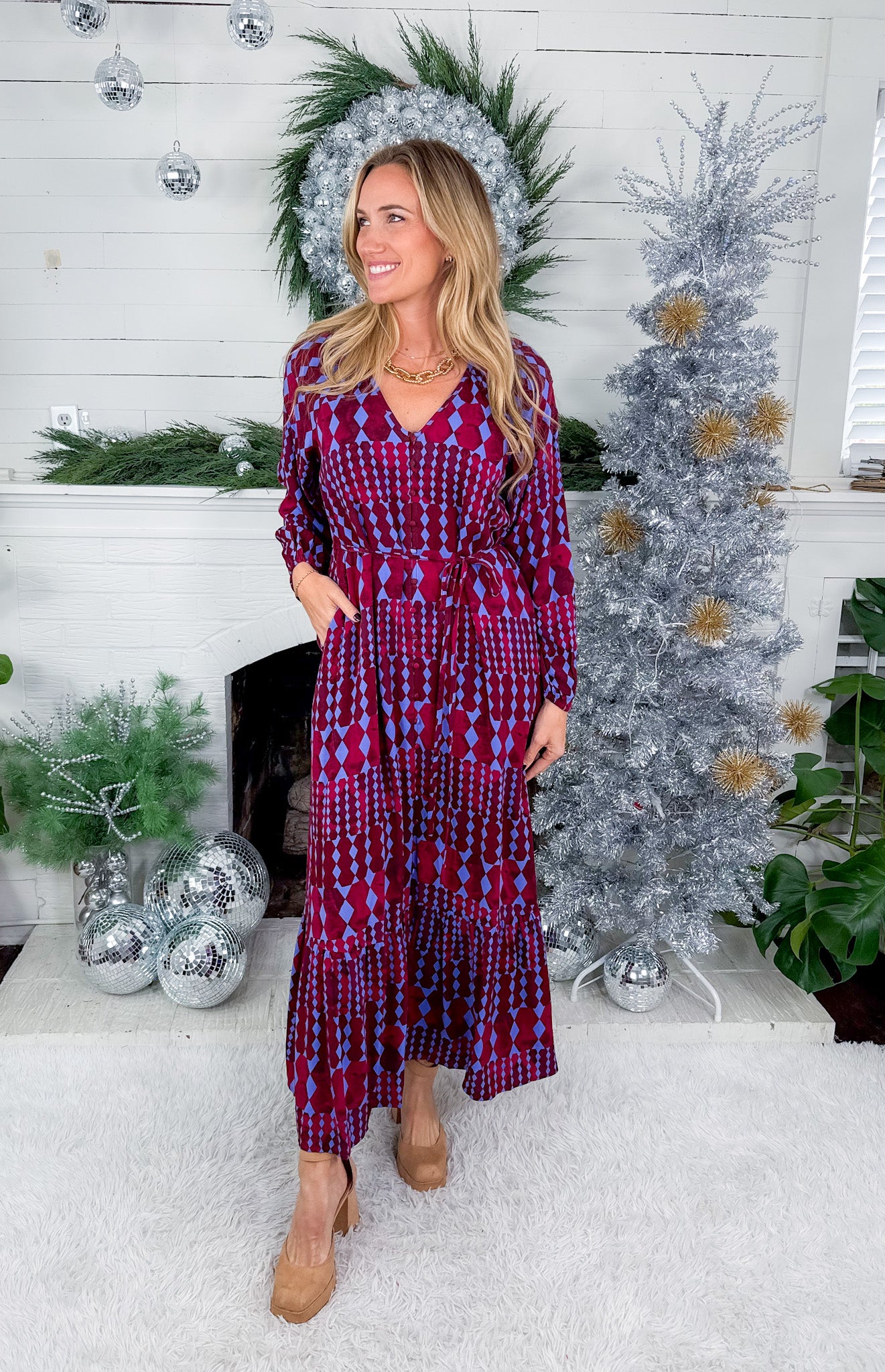 Ramsay Burgundy + Blue Abstract Maxi Dress Sugarlips