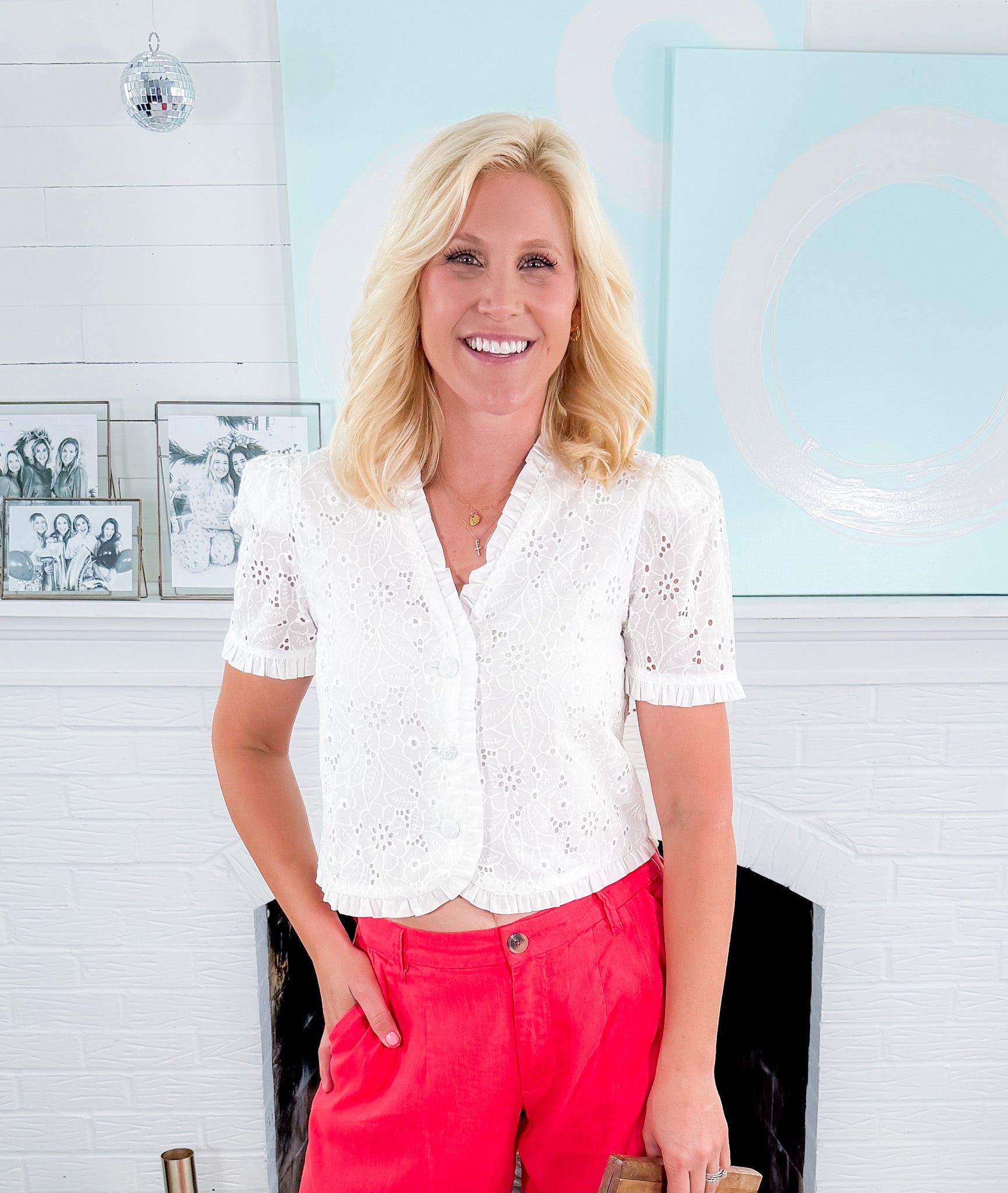 Randall Ivory Eyelet Button Top