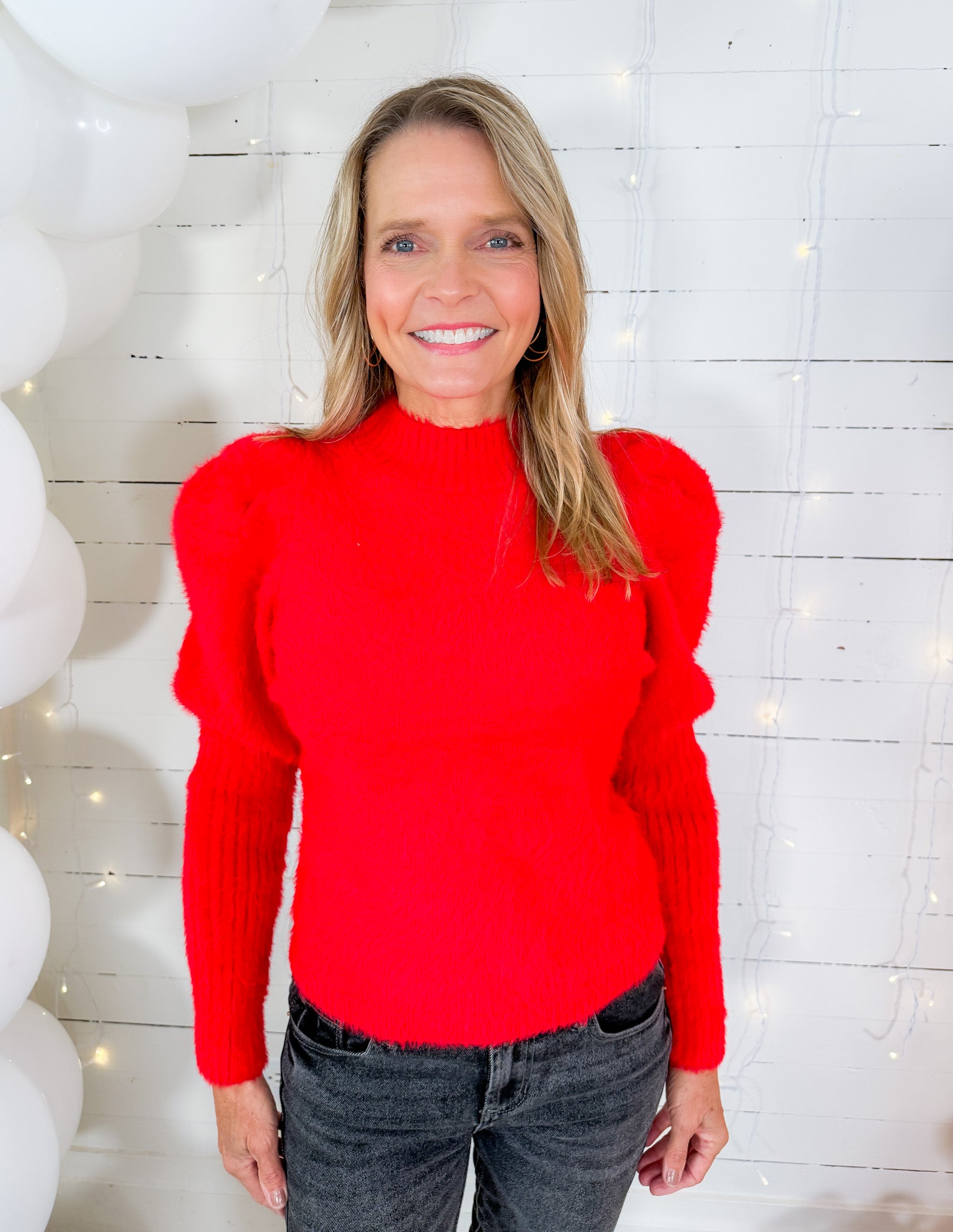 Randolph Red Fuzzy Puff Sleeve Sweater