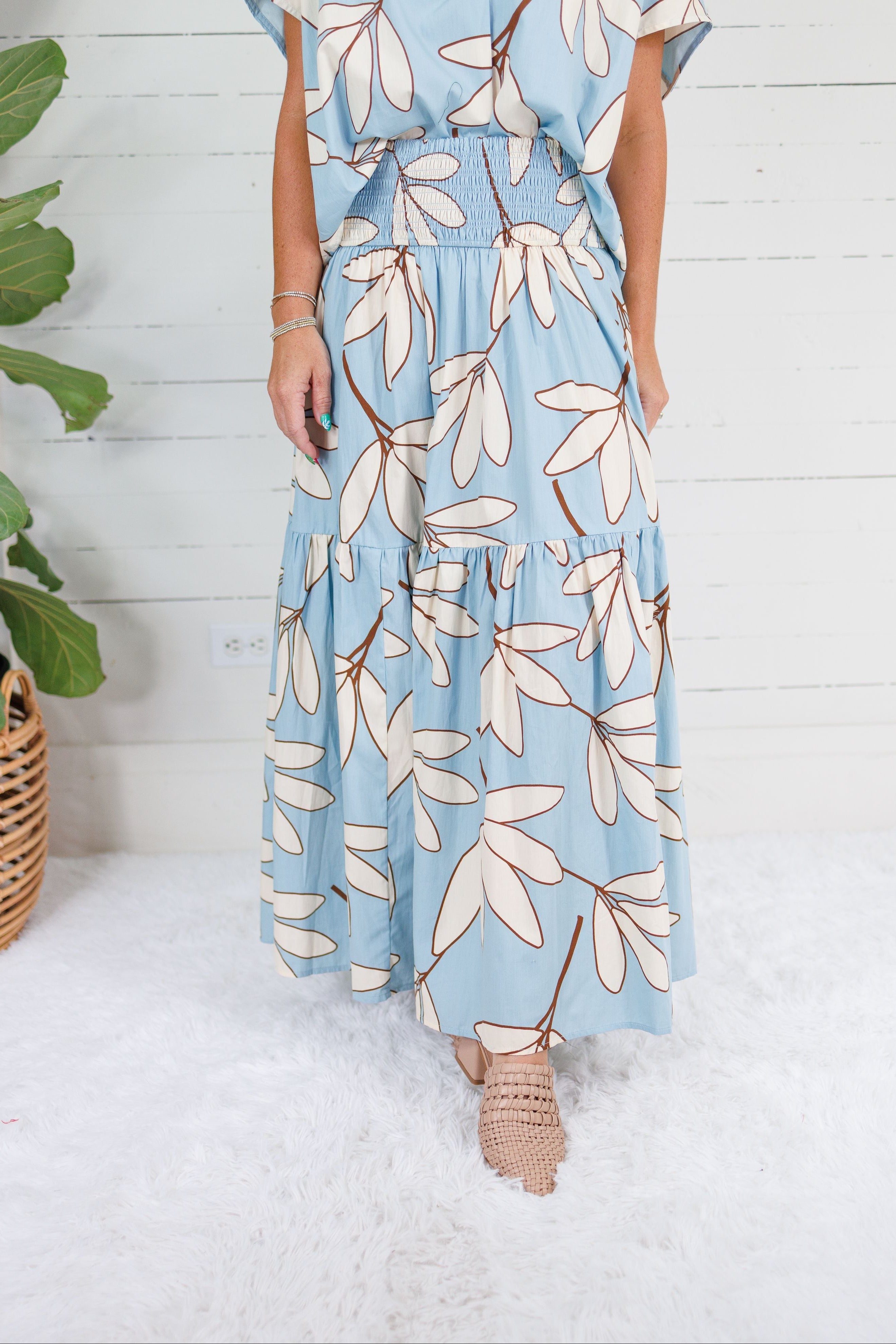 Randolph Blue Leaf Smocked Maxi Skirt Karlie