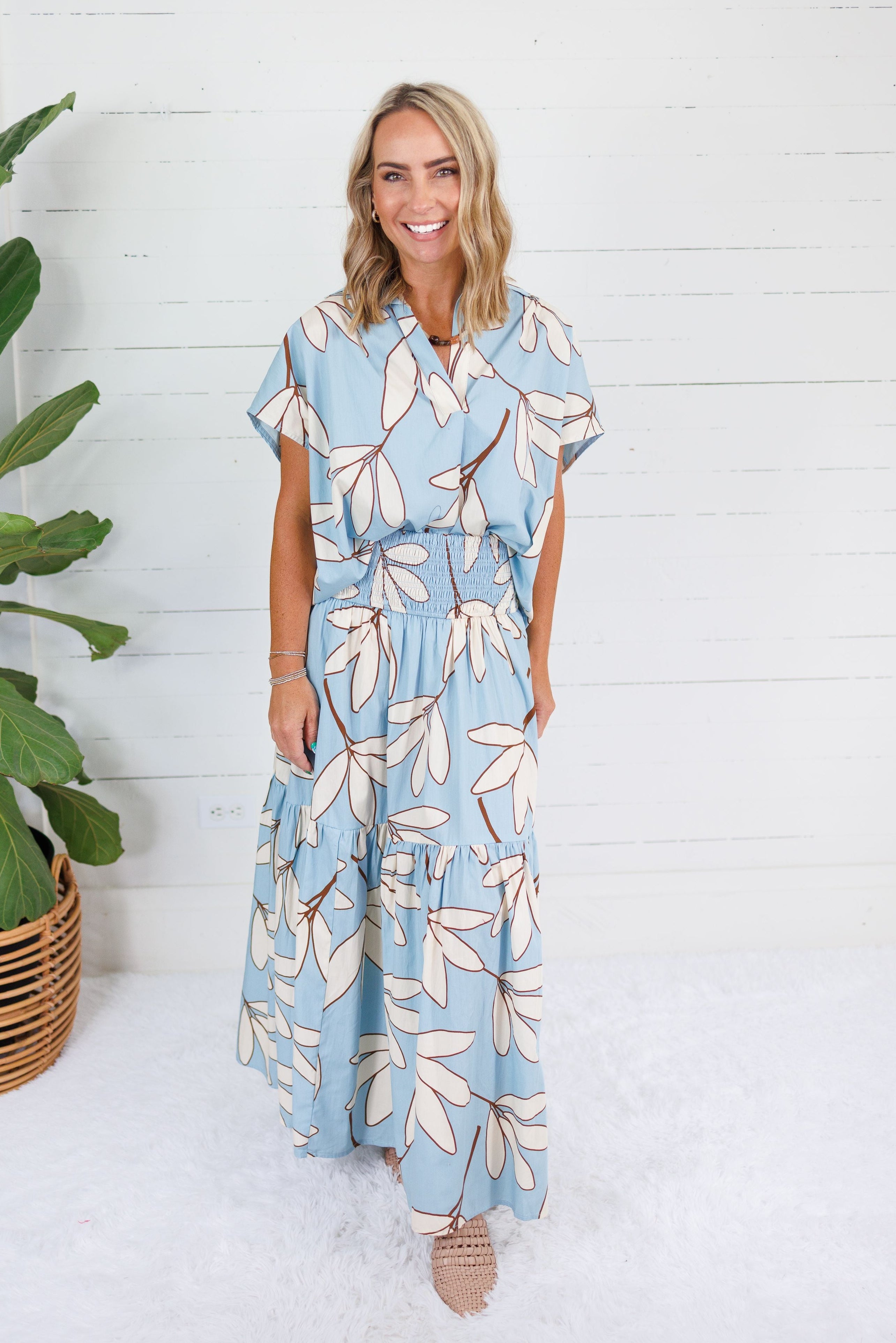 Randolph Blue Leaf Smocked Maxi Skirt Karlie