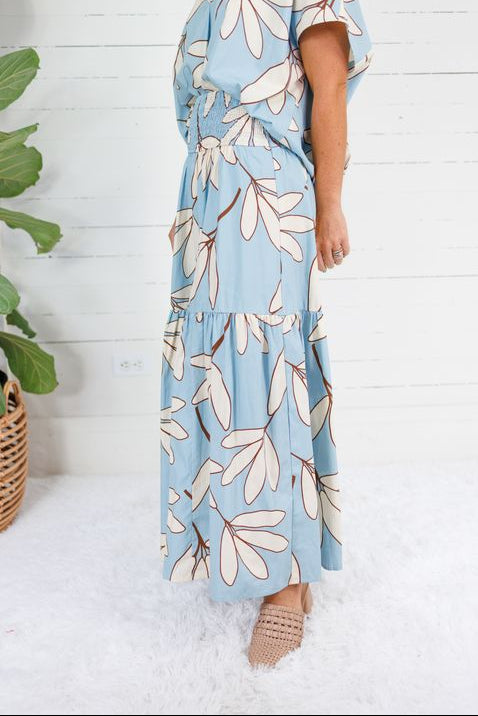 Randolph Blue Leaf Smocked Maxi Skirt Karlie