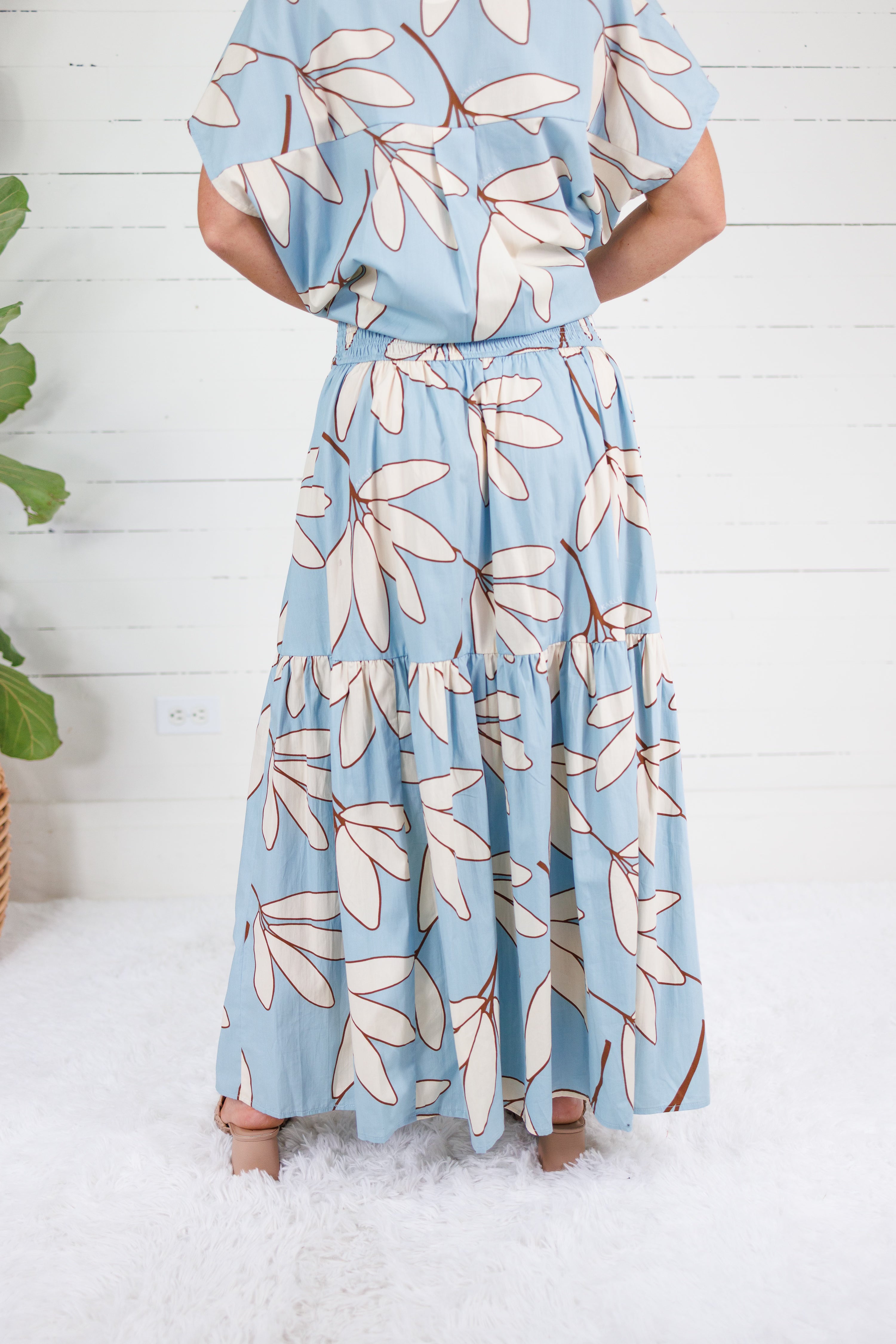 Randolph Blue Leaf Smocked Maxi Skirt Karlie
