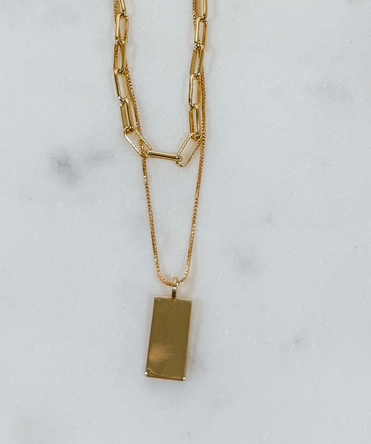 Rectangle Gold Pendant Layered Necklace