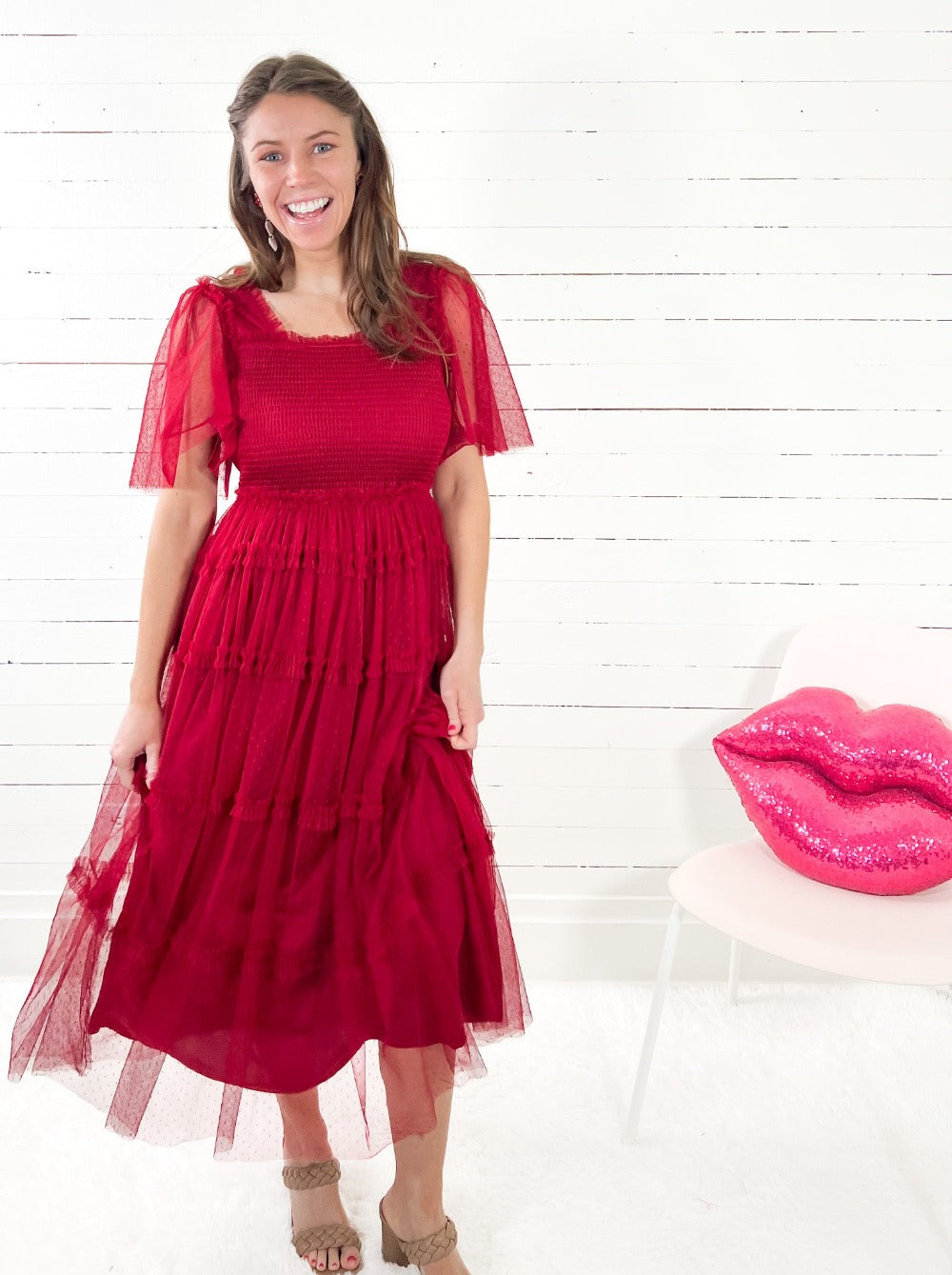 Red Mesh Tiered Valentine's Day Maxi Dress