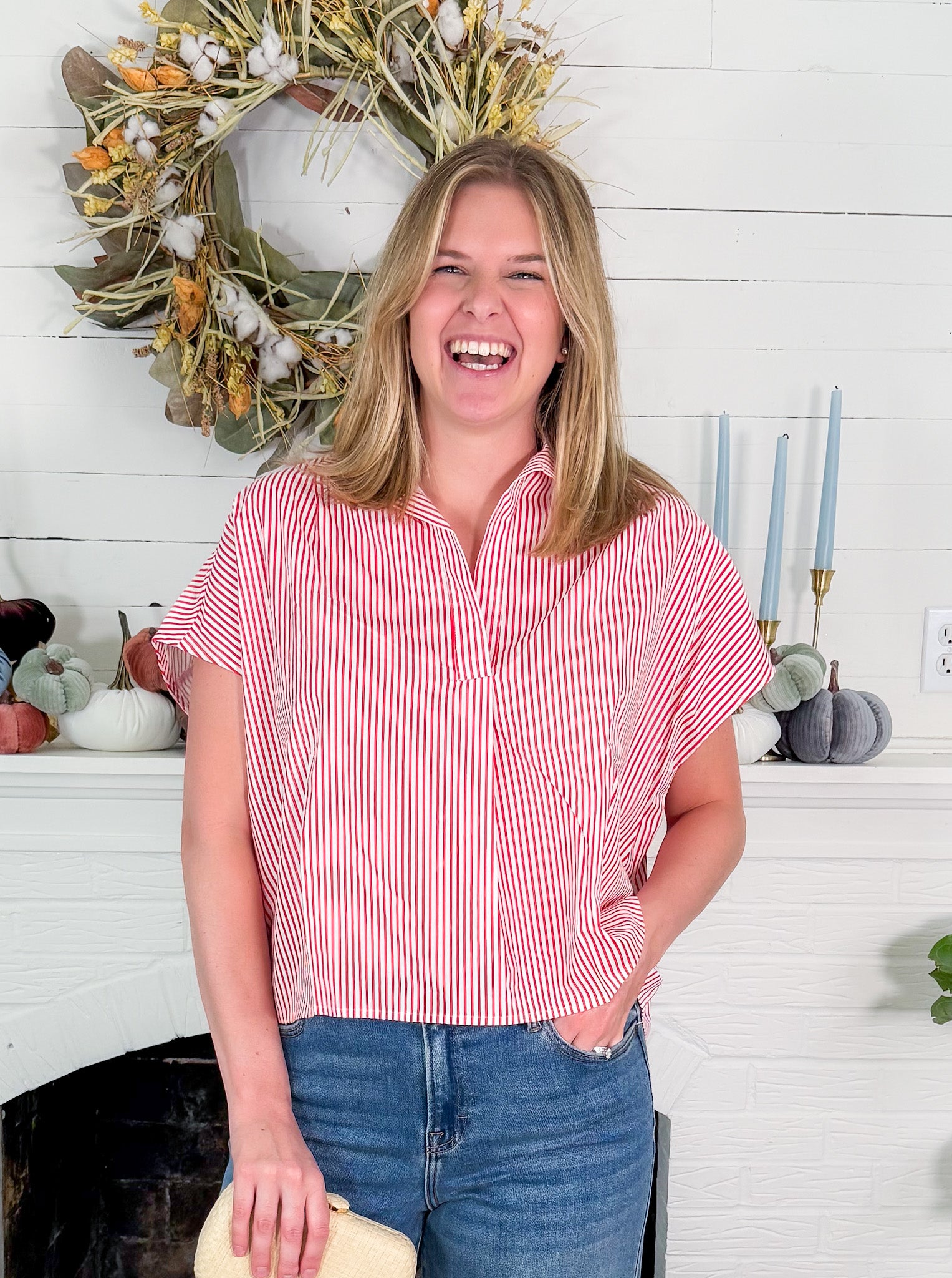 Red Stripe Boxy Collar Top Karlie