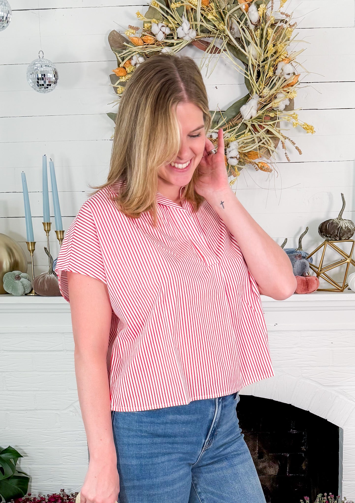 Red Stripe Boxy Collar Top Karlie