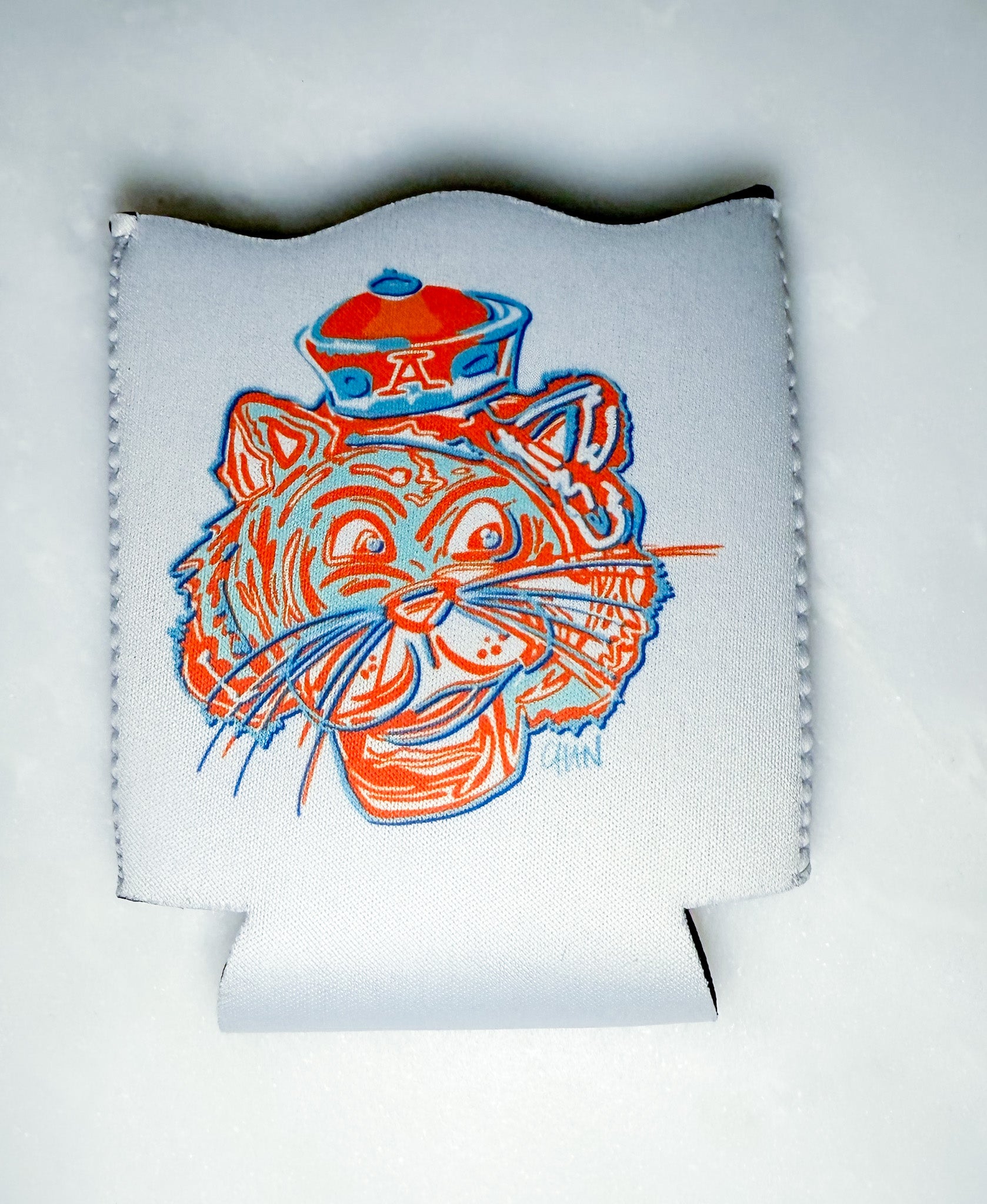 White can cooler with orange and blue tiger design on a white background