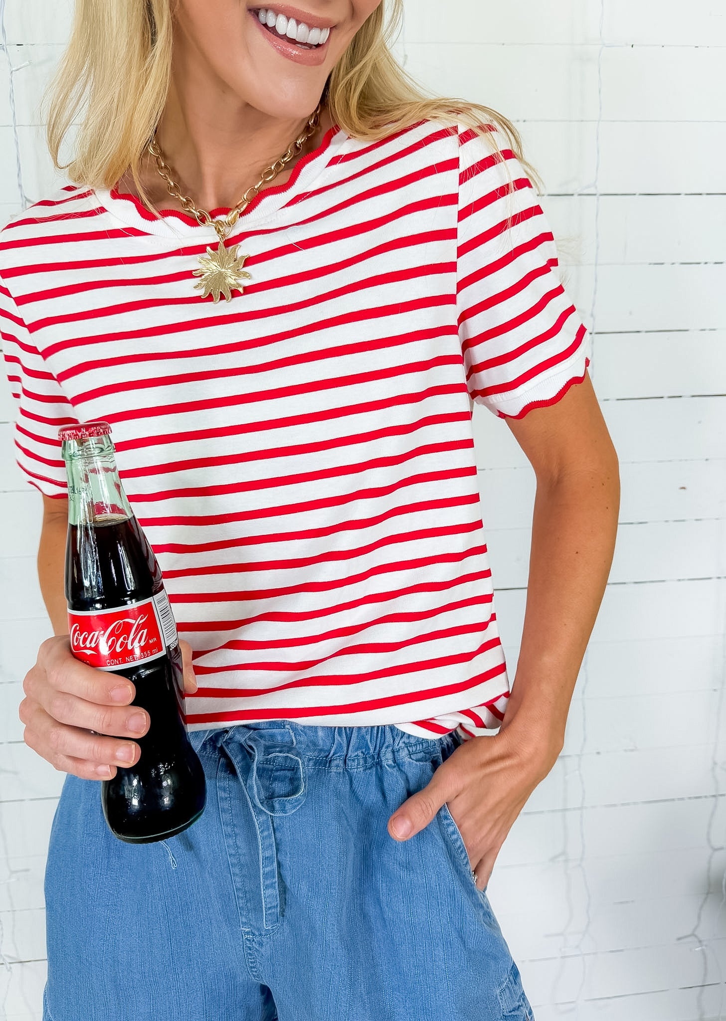 Rita Red Stripe Scallop Edge Tee