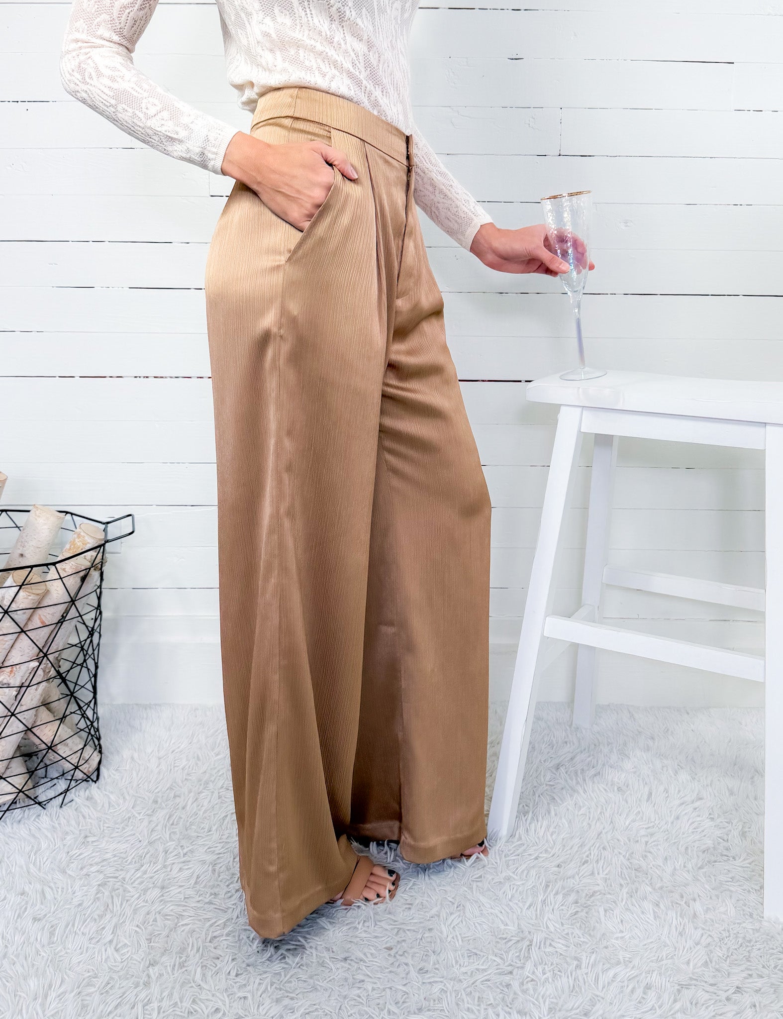 Robbie Molten Taupe Gold Textured Satin Pant Lucy Paris