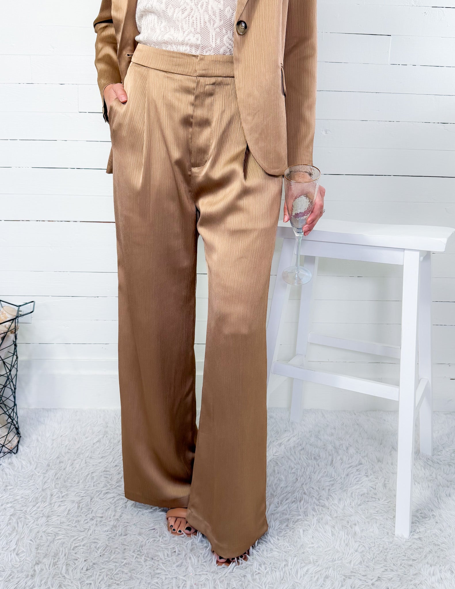 Robbie Molten Taupe Gold Textured Satin Pant Lucy Paris