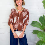 Rome Brown Floral Zip Front Top Entro