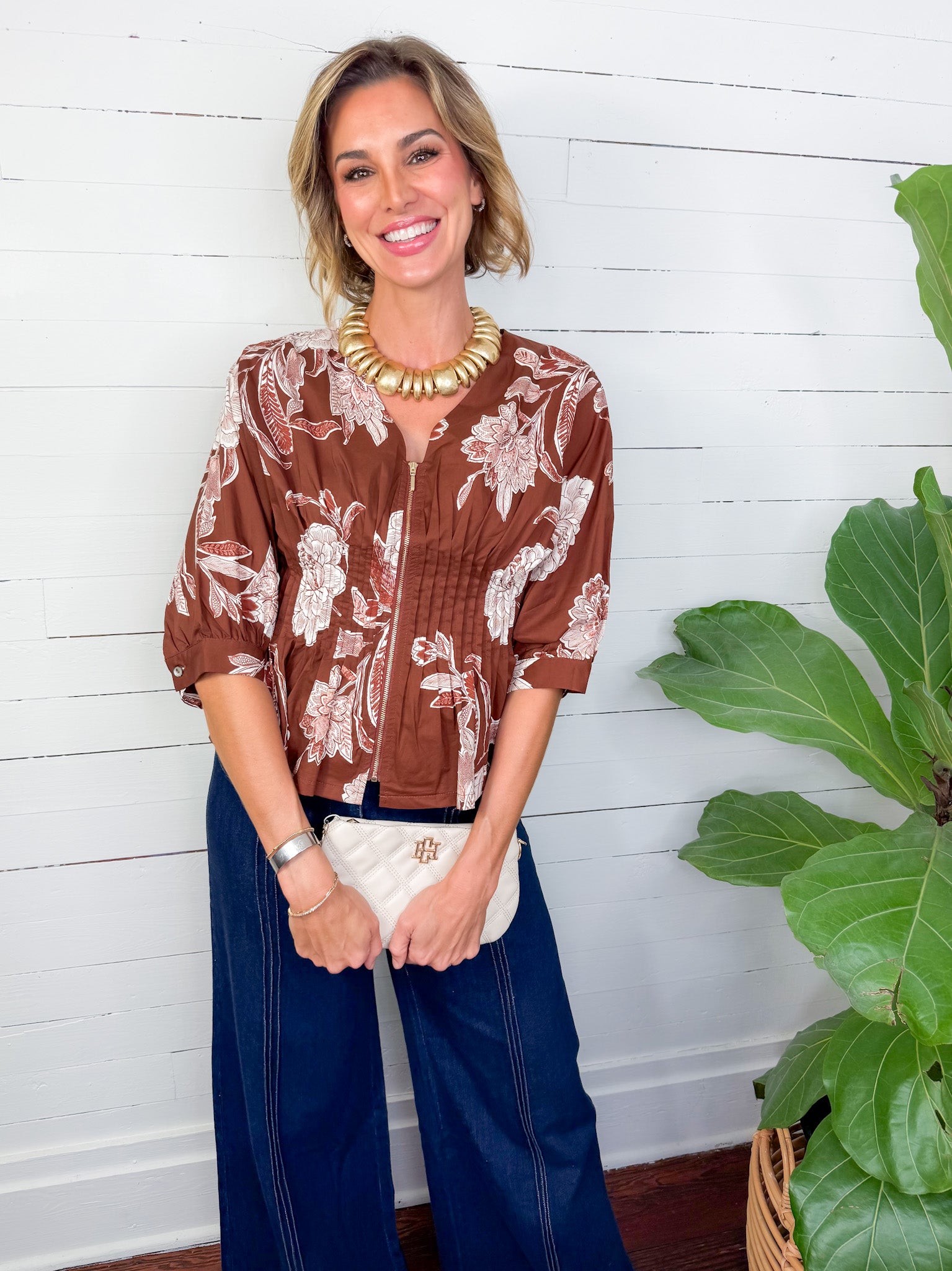 Rome Brown Floral Zip Front Top Entro