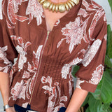 Rome Brown Floral Zip Front Top Entro
