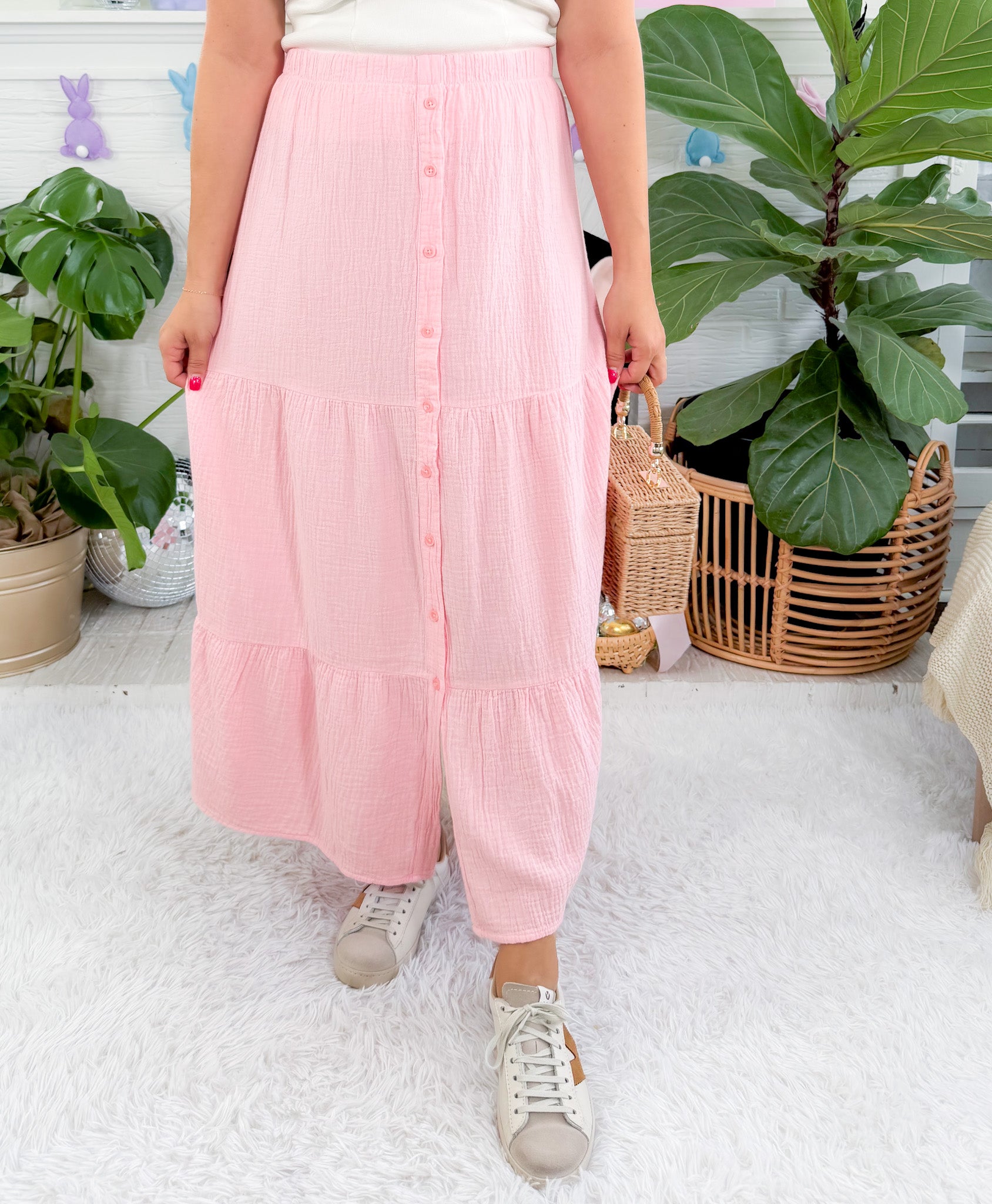 Rose Quartz Gauze Tiered Button Maxi Skirt BOBI