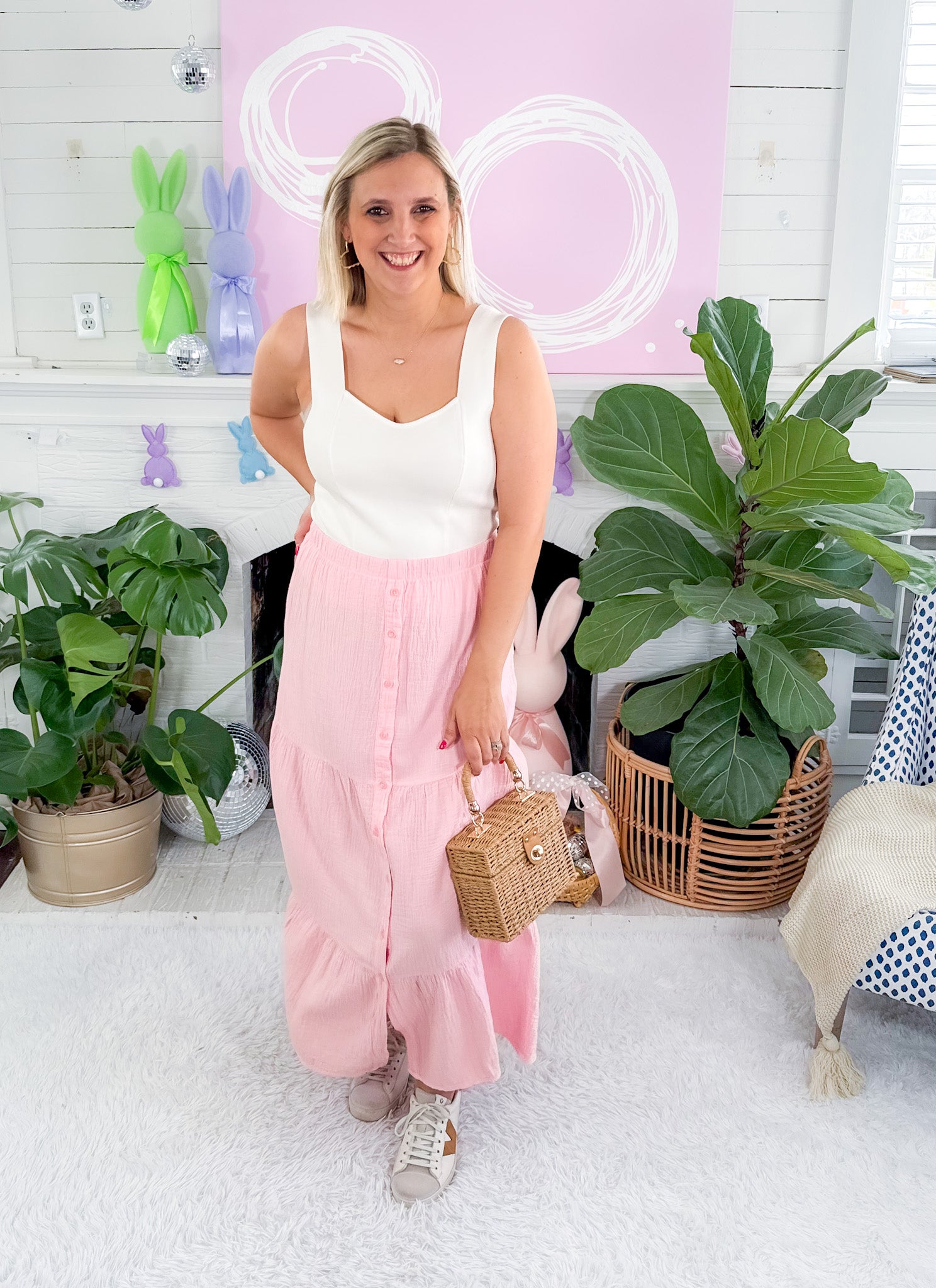 Rose Quartz Gauze Tiered Button Maxi Skirt BOBI