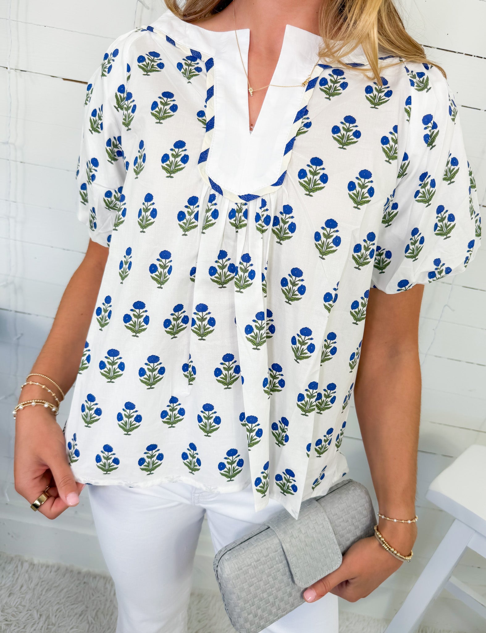 Rose White + Blue Floral Top GIGIO