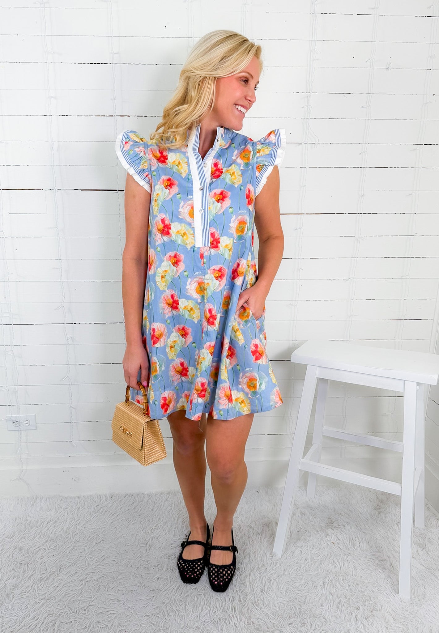 Rosie Blue Floral Flutter Sleeve Mini Dress Jodifl