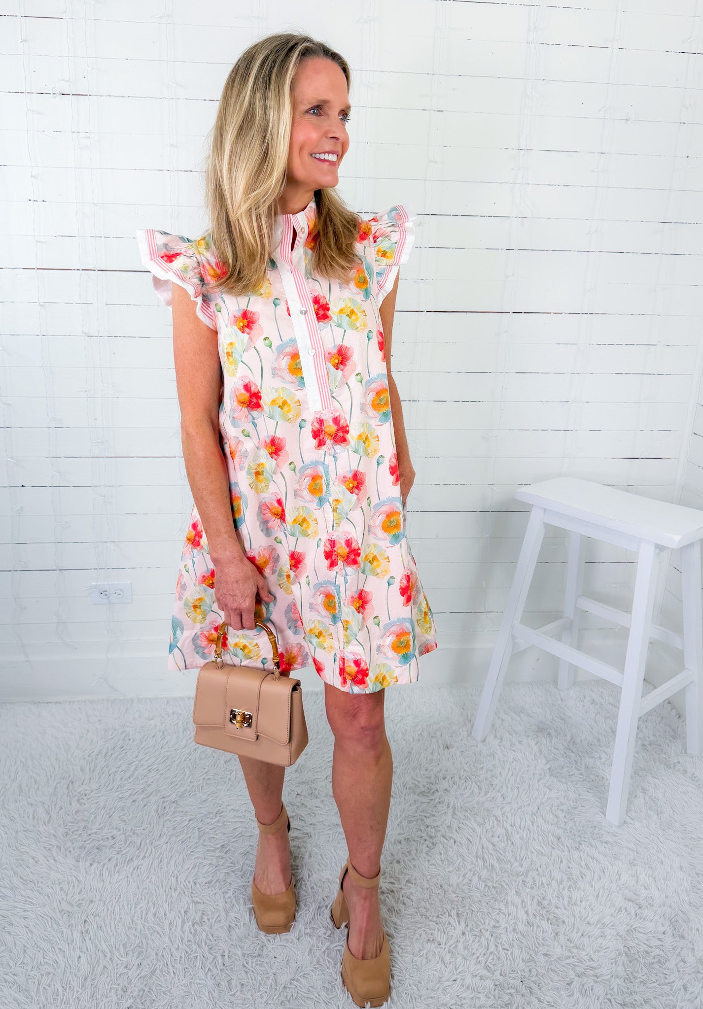 Rosie Blush Floral Flutter Sleeve Mini Dress Jodifl