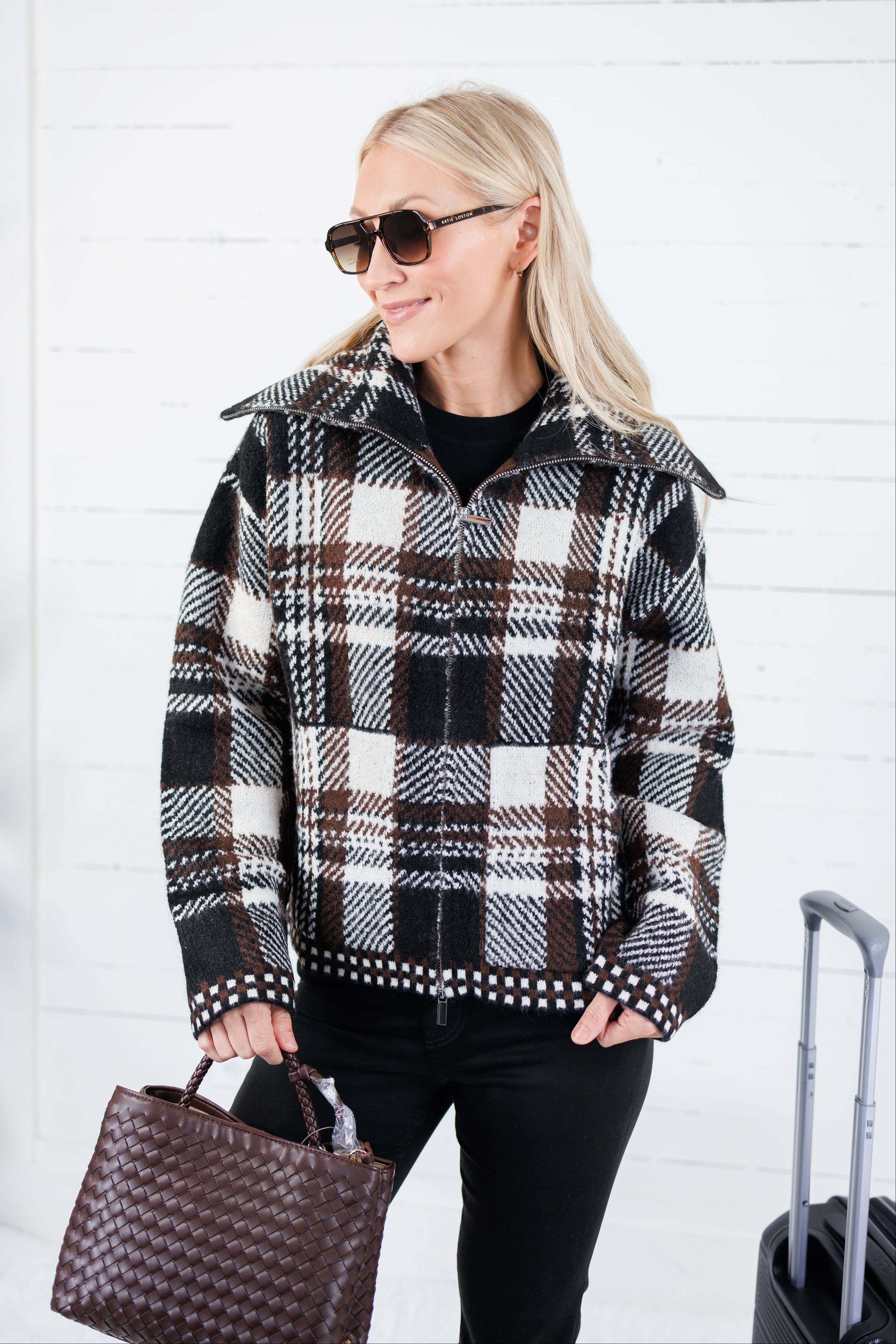 Rue Chocolate Plaid Zip Up Sweater Jacket Kut