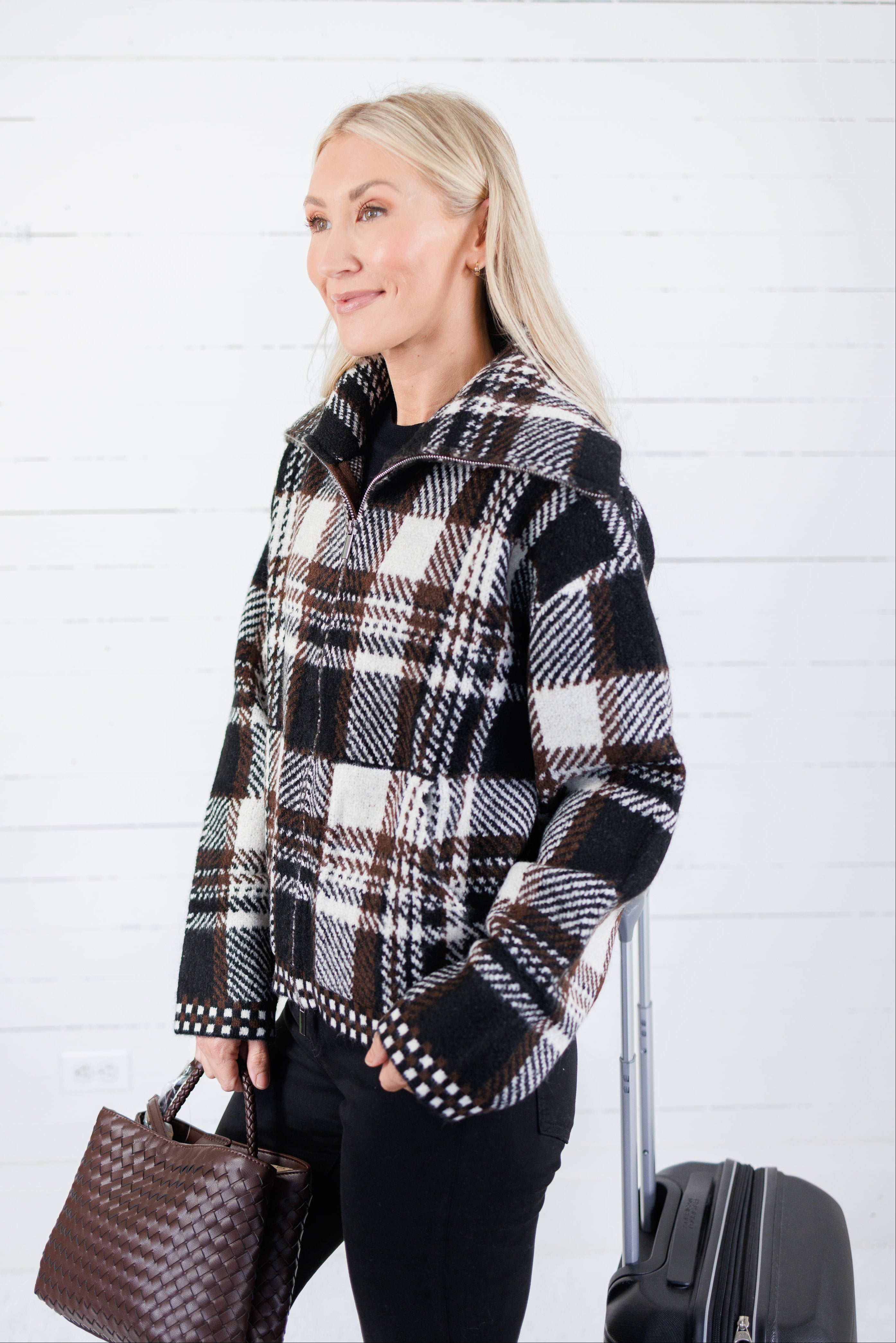 Rue Chocolate Plaid Zip Up Sweater Jacket Kut