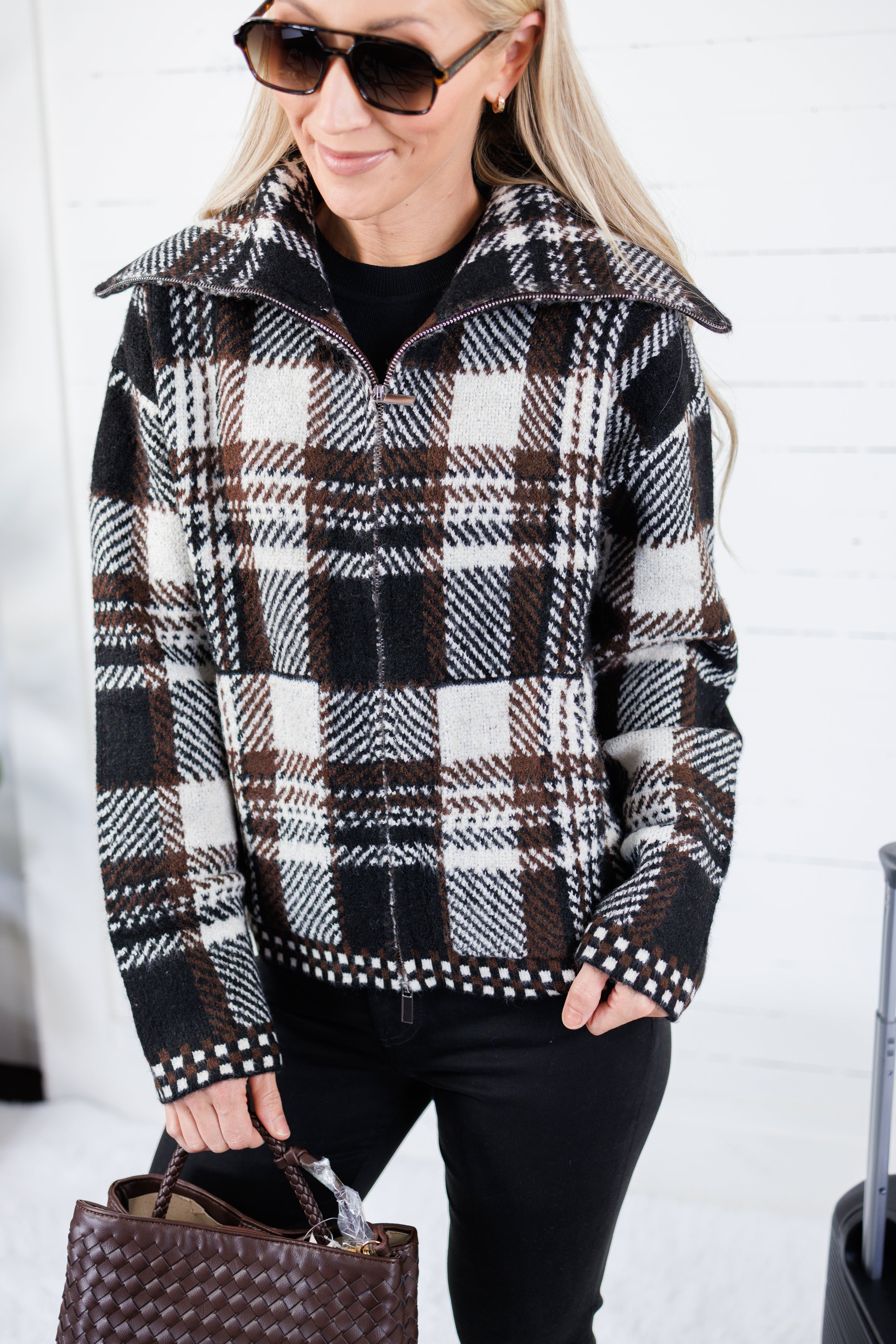 Rue Chocolate Plaid Zip Up Sweater Jacket Kut