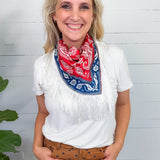 Rusty Rosy Red + Navy Western Inspired Fringe Scarf