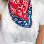 Rusty Rosy Red + Navy Western Inspired Fringe Scarf