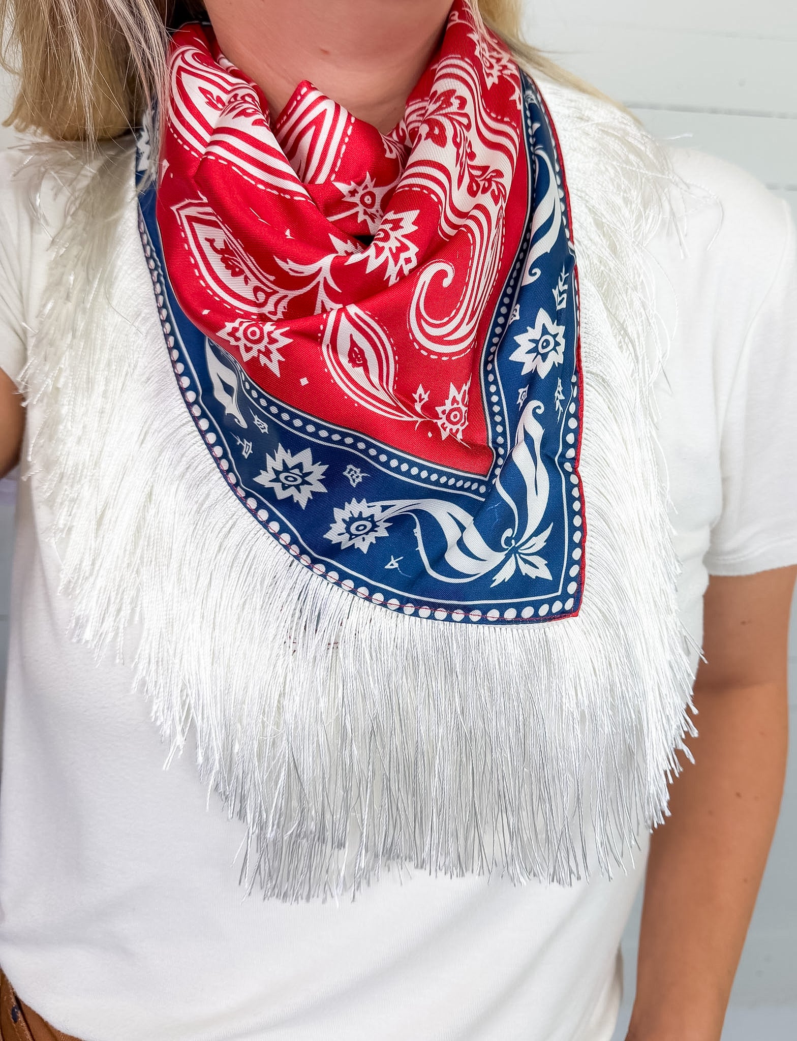 Rusty Rosy Red + Navy Western Inspired Fringe Scarf