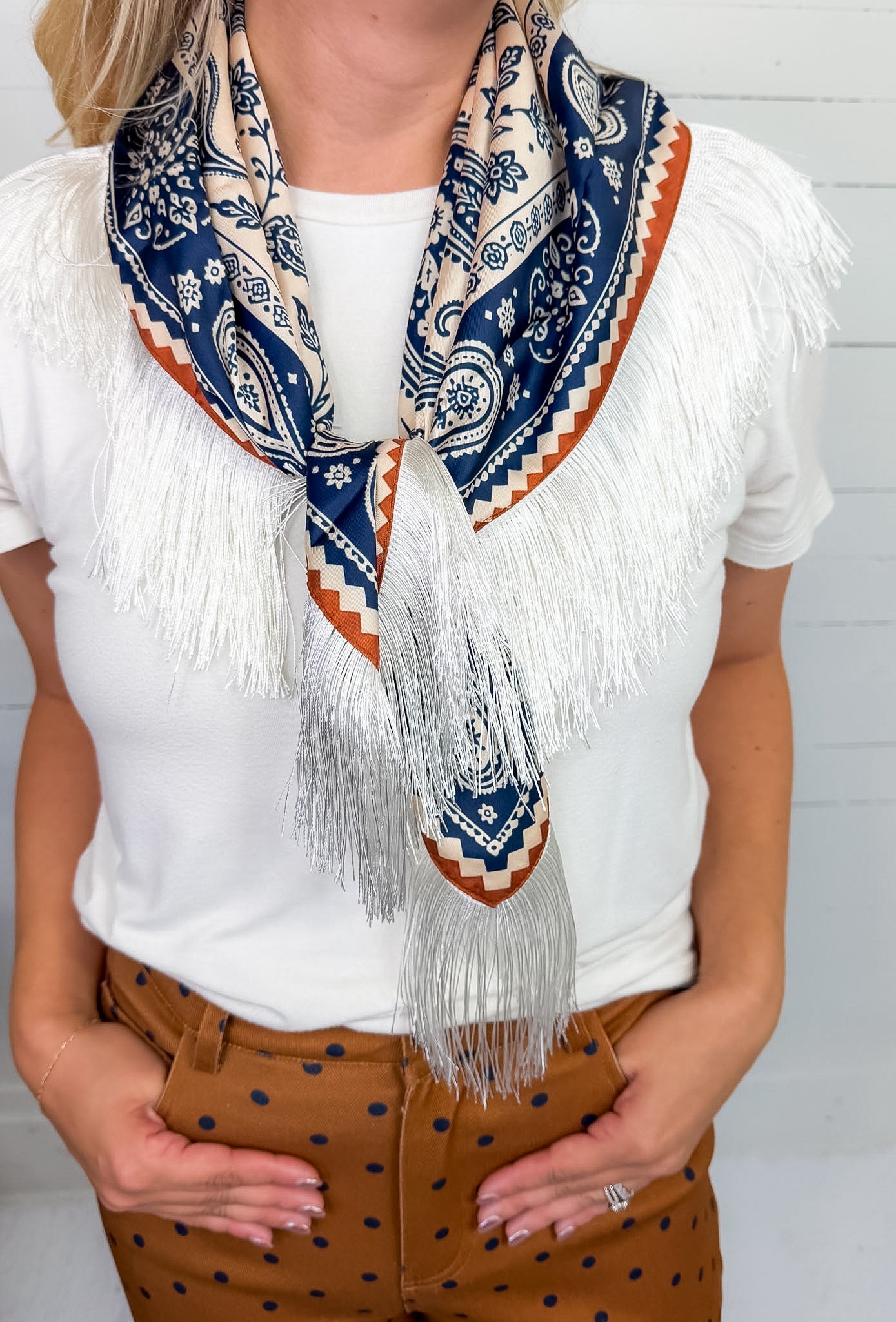 Rusty Navy + Brick + Cream Western Inspired Fringe Scarf