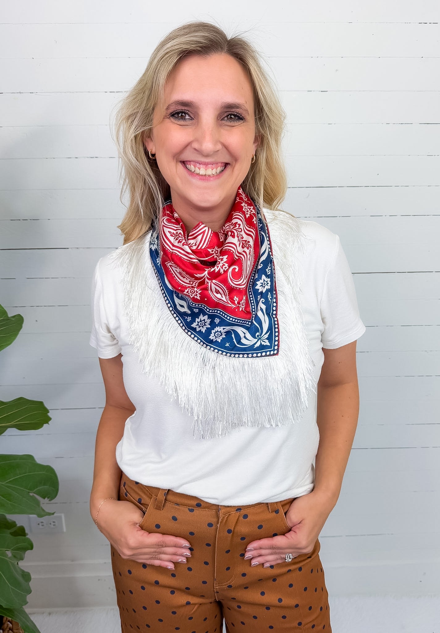 Rusty Rosy Red + Navy Western Inspired Fringe Scarf