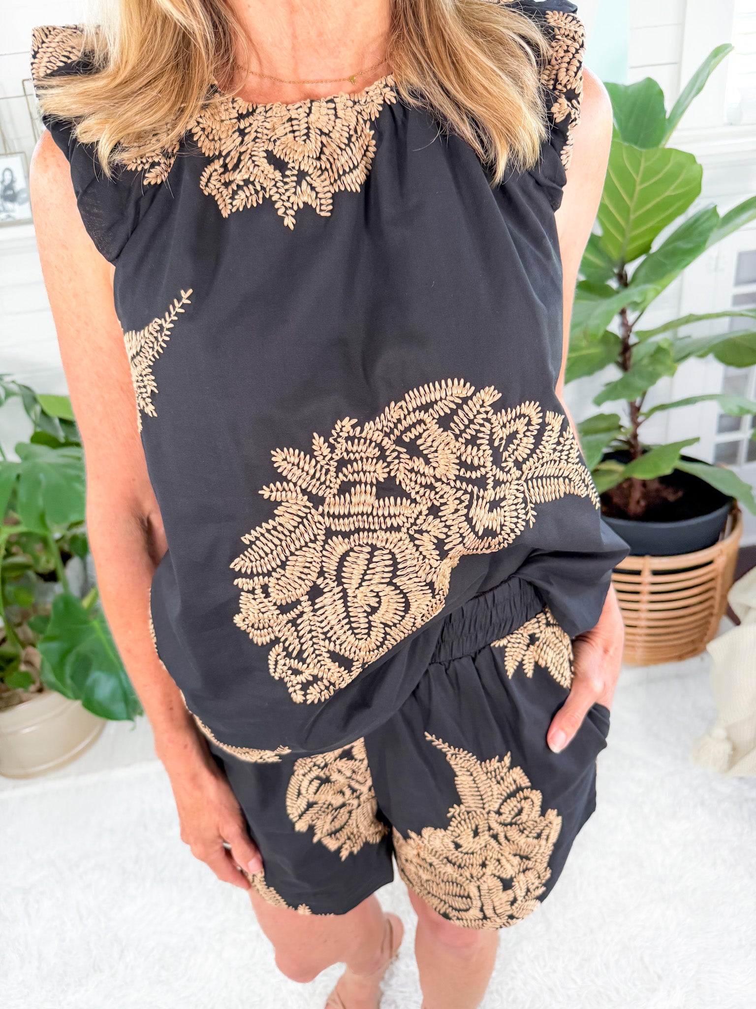Sabrina Black Embroidered Bubble Sleeve Top Ciebon