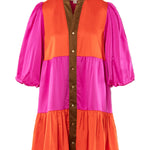 Color-blocked dress with pink, orange, and brown sections on a white background