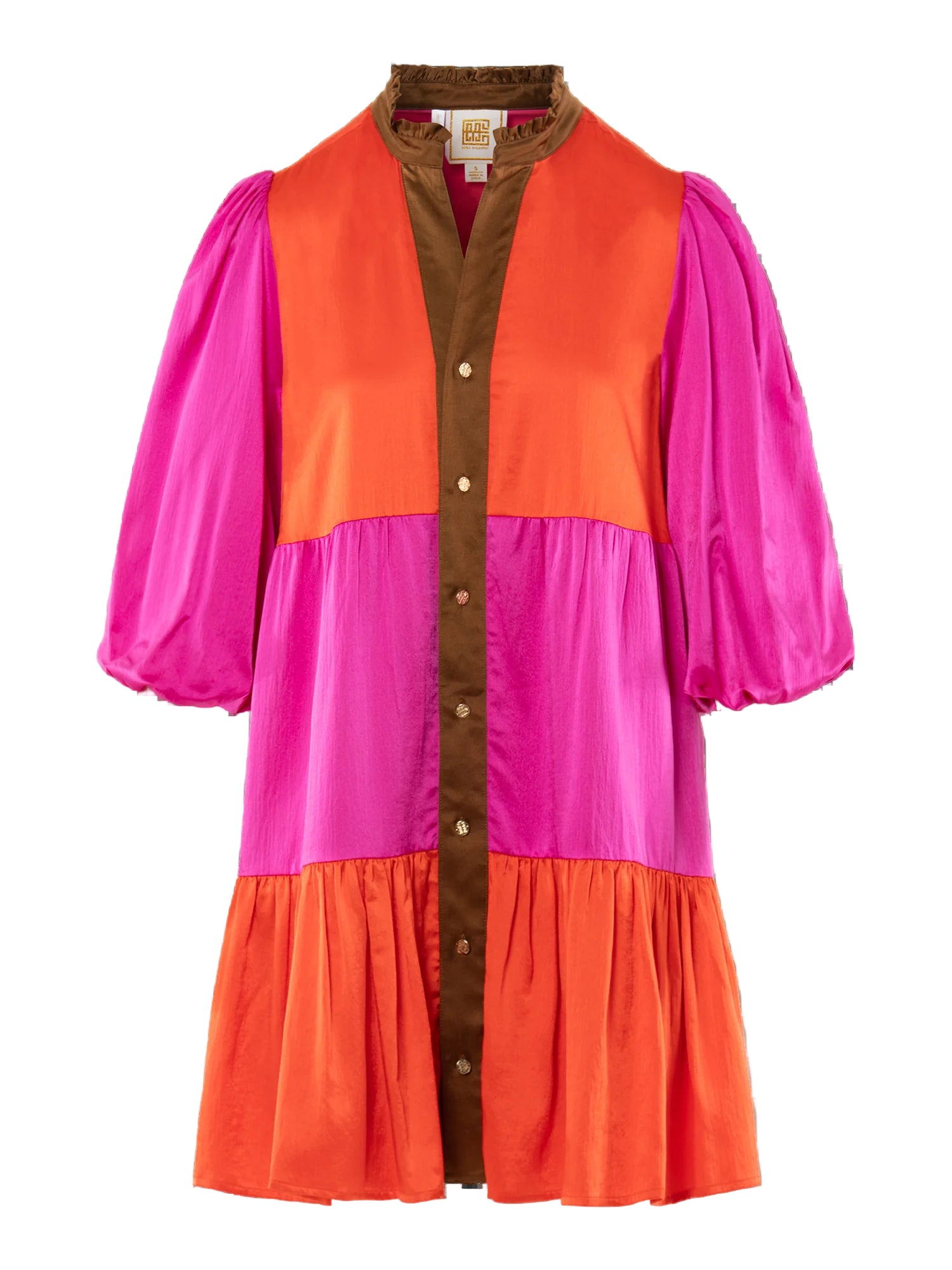 Color-blocked dress with pink, orange, and brown sections on a white background